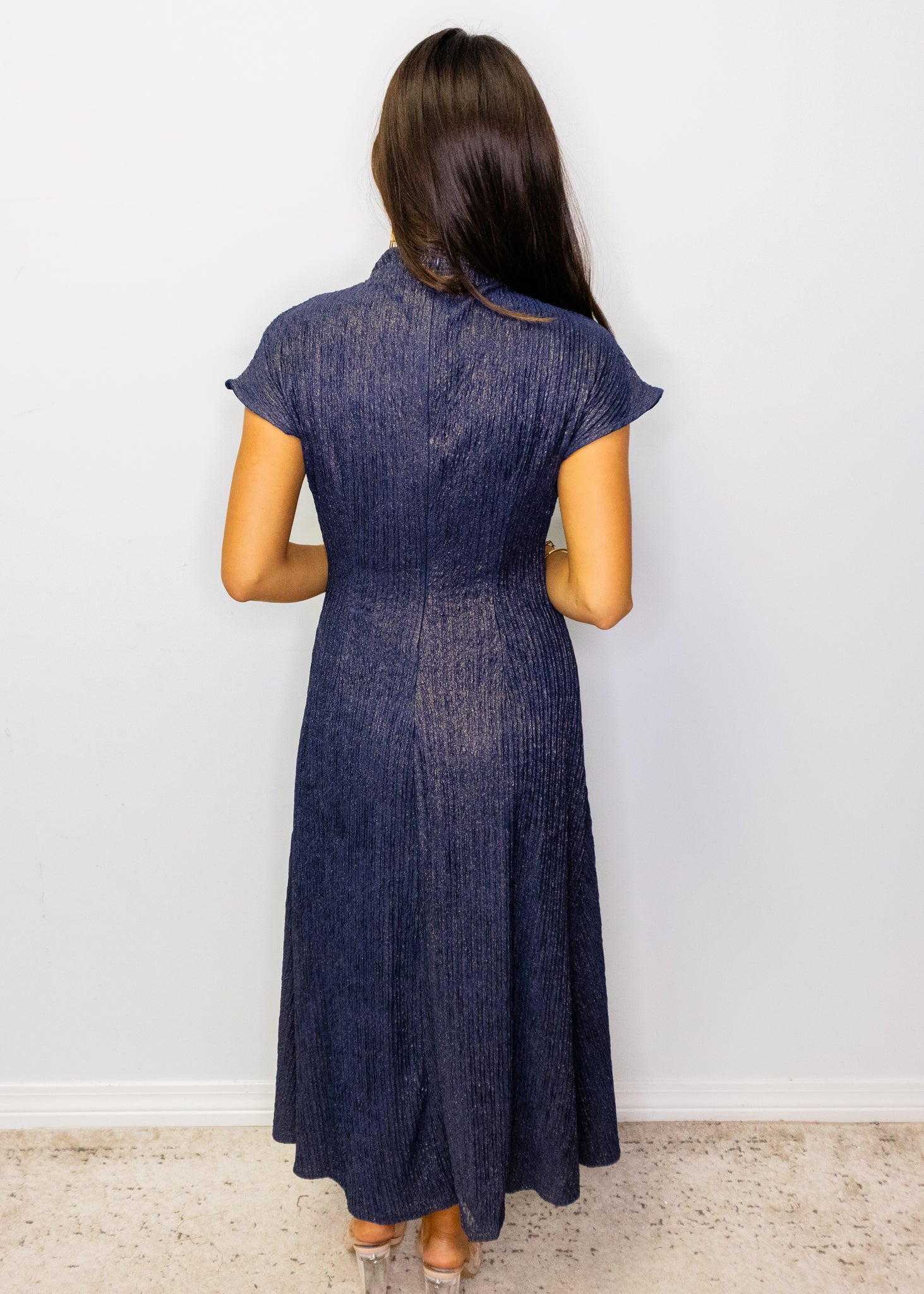 Navy Metallic Mock Midi Dress