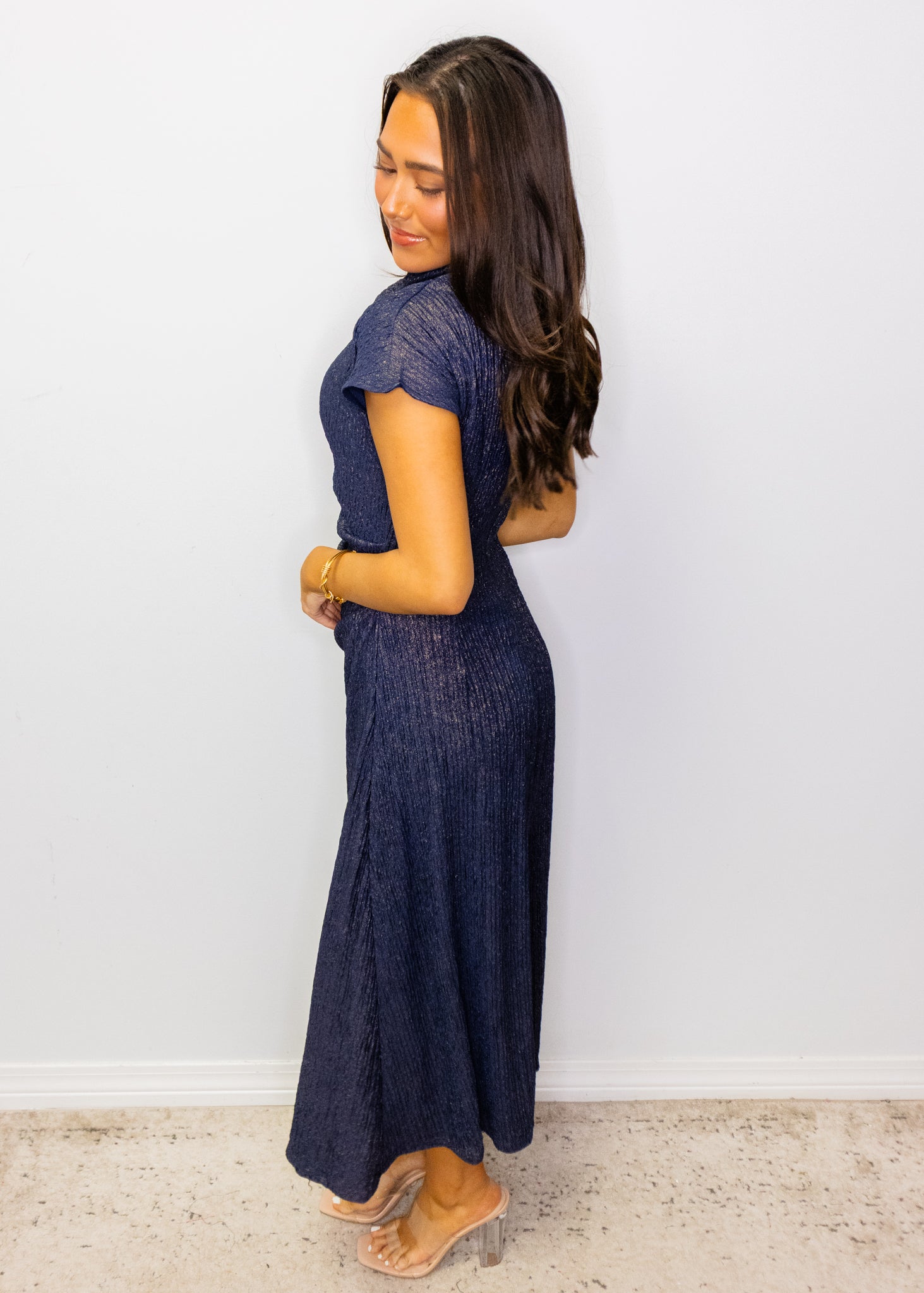 Navy Metallic Mock Midi Dress