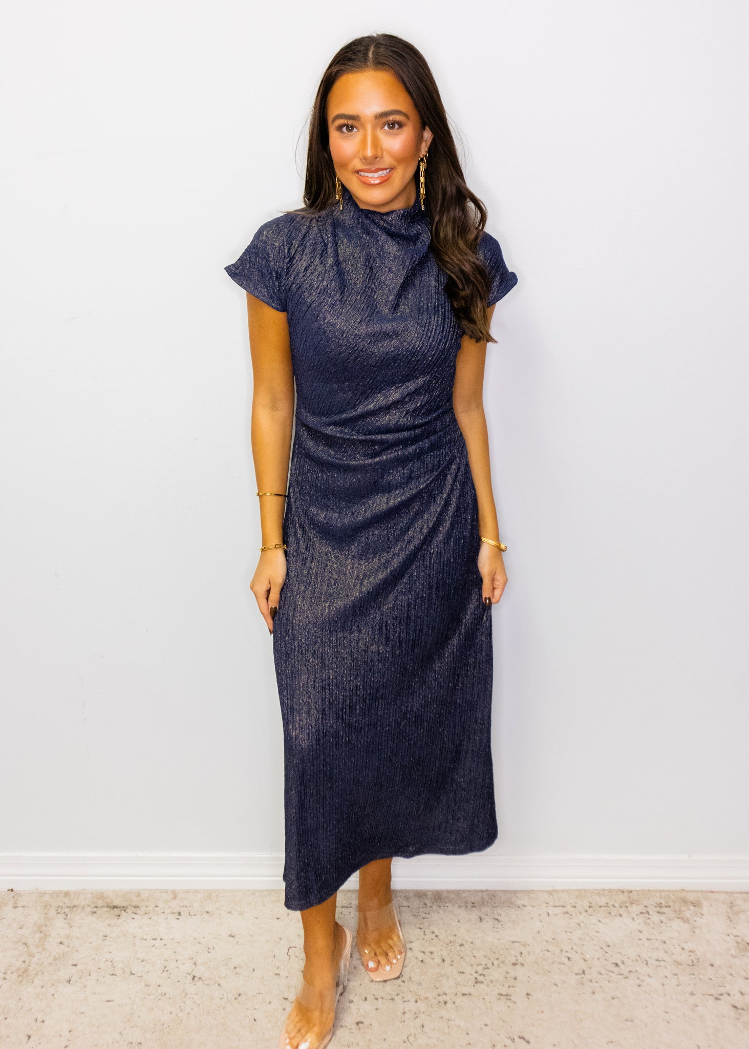 Navy Metallic Mock Midi Dress