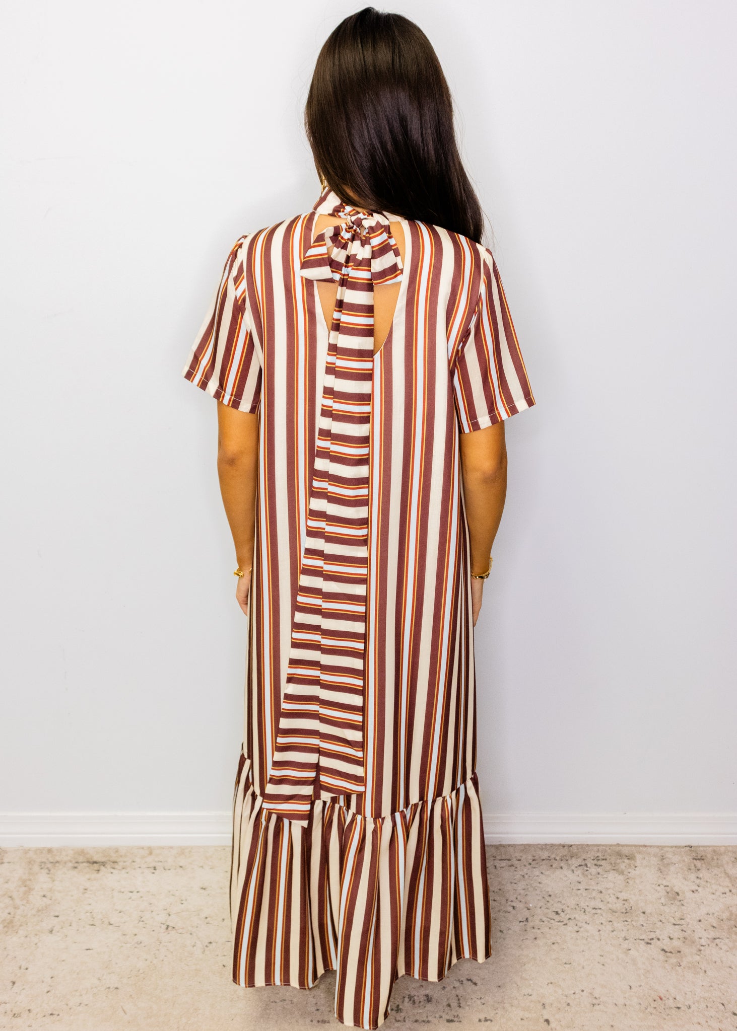 Maroon Stripe Ruffle Maxi Dress