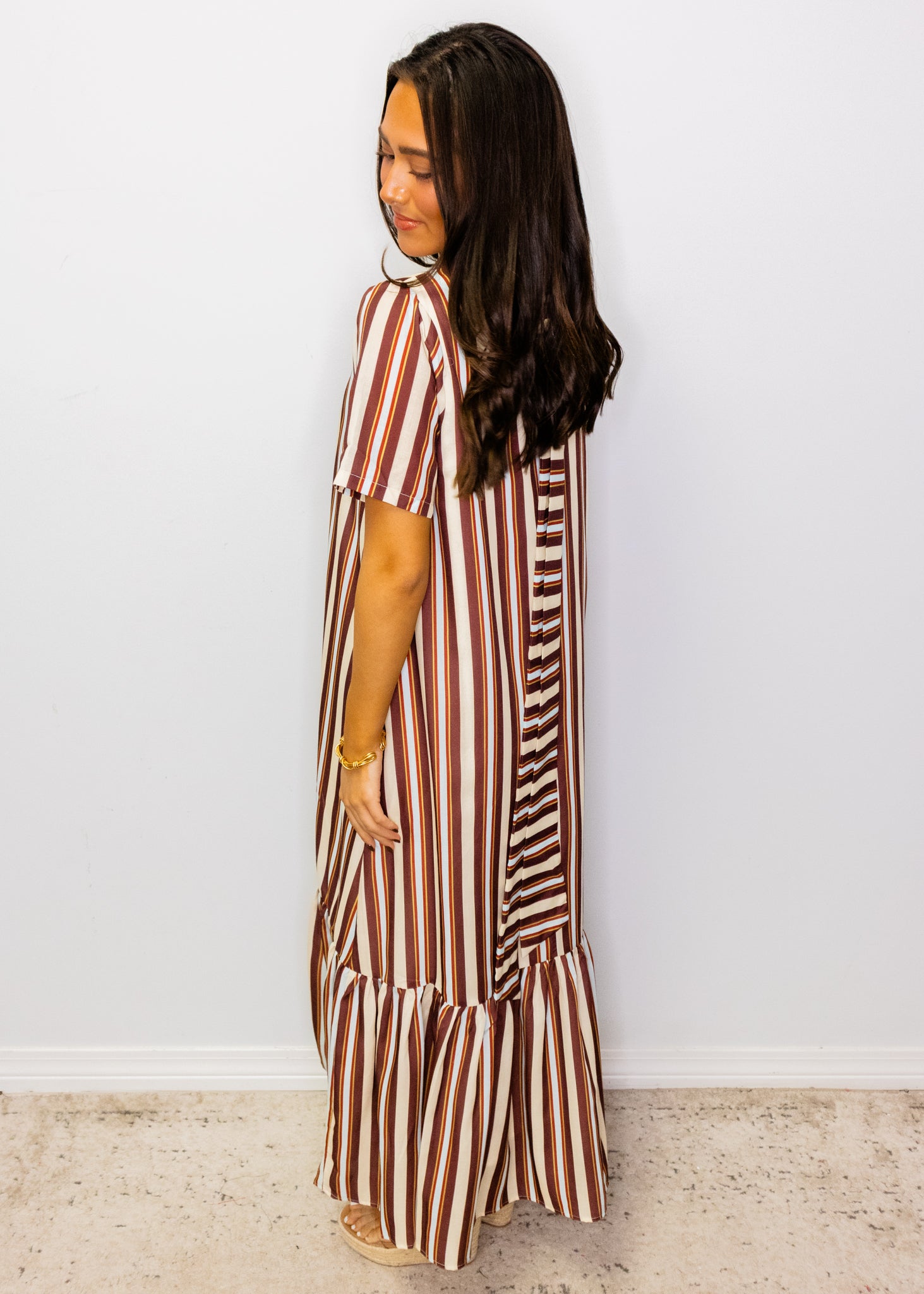 Maroon Stripe Ruffle Maxi Dress