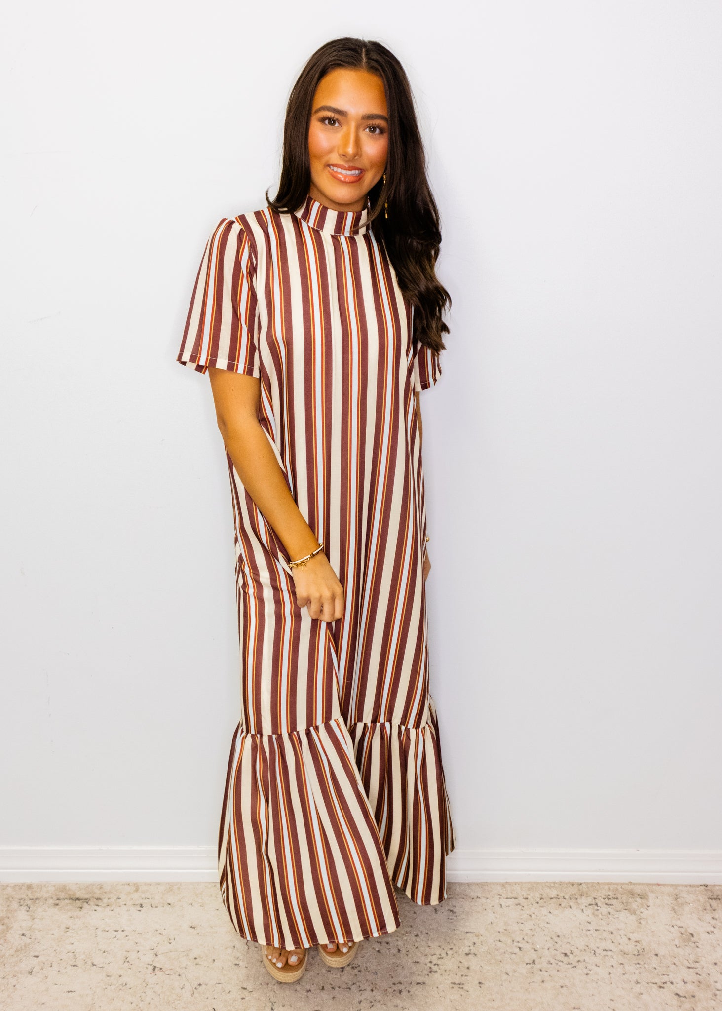 Maroon Stripe Ruffle Maxi Dress