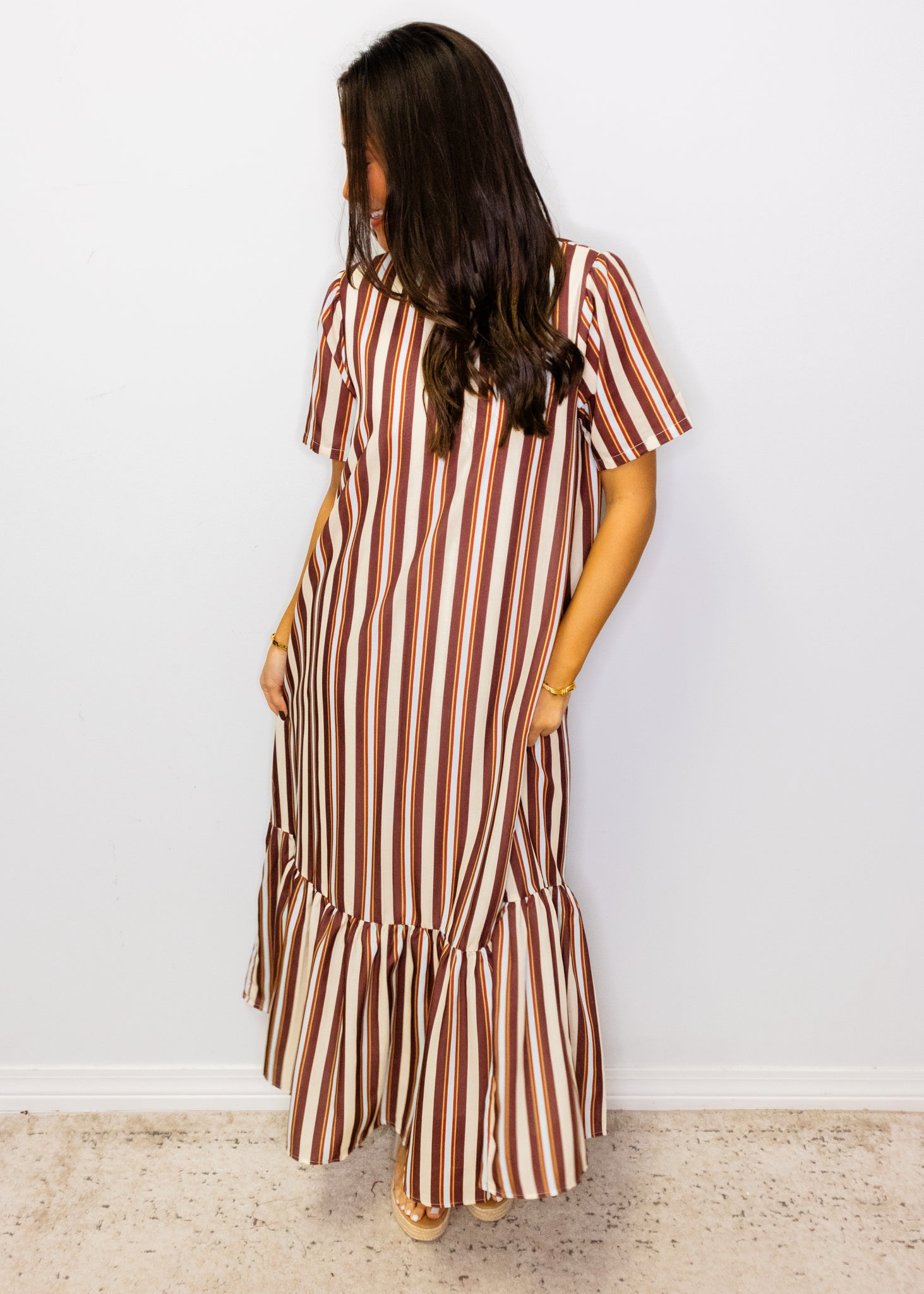 Maroon Stripe Ruffle Maxi Dress