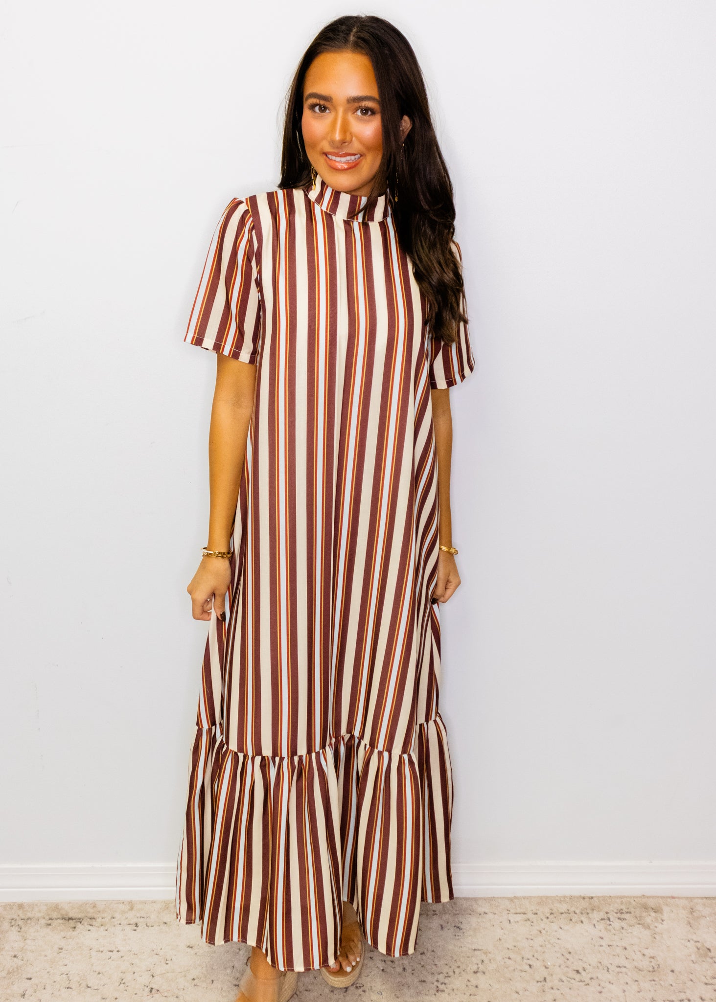 Maroon Stripe Ruffle Maxi Dress