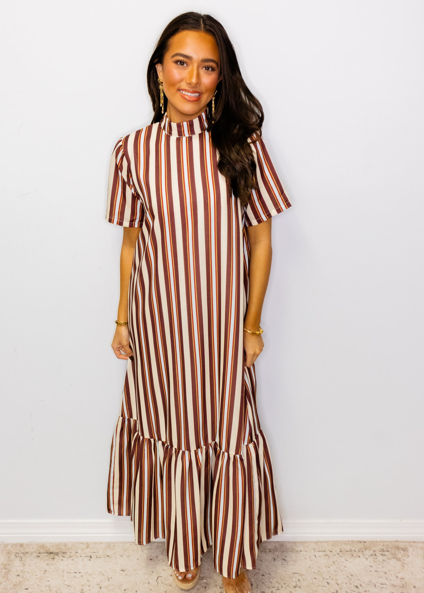 Maroon Stripe Ruffle Maxi Dress