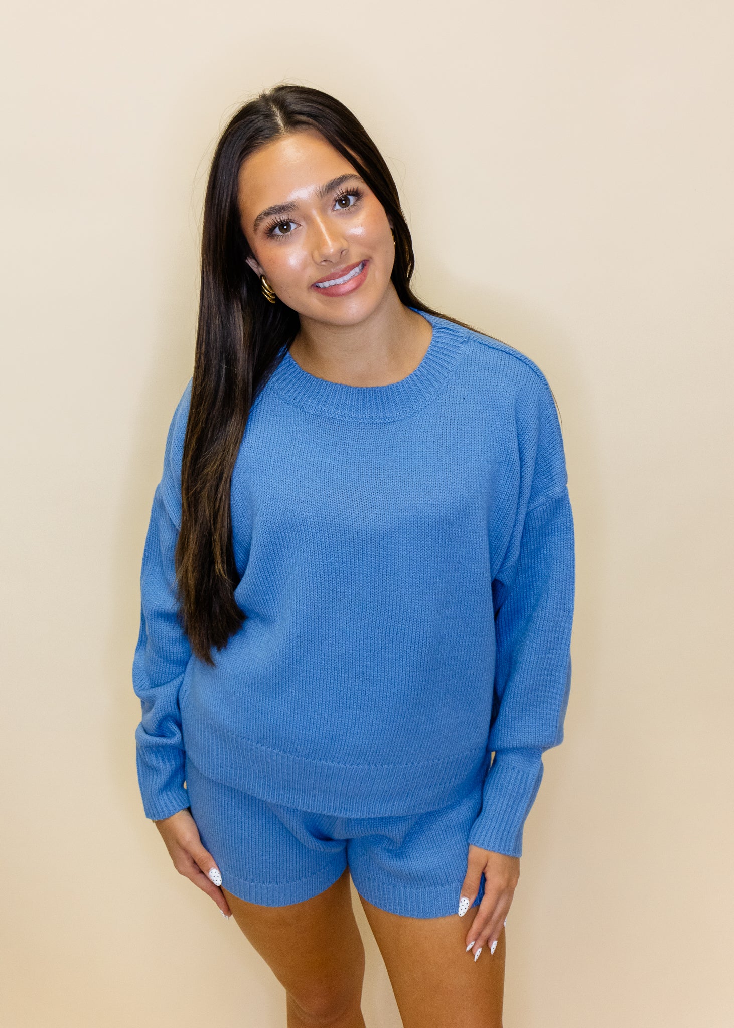 Blue Sweater Shorts Set