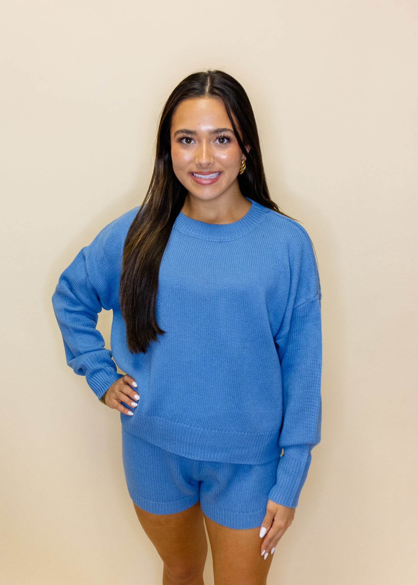 Blue Sweater Shorts Set