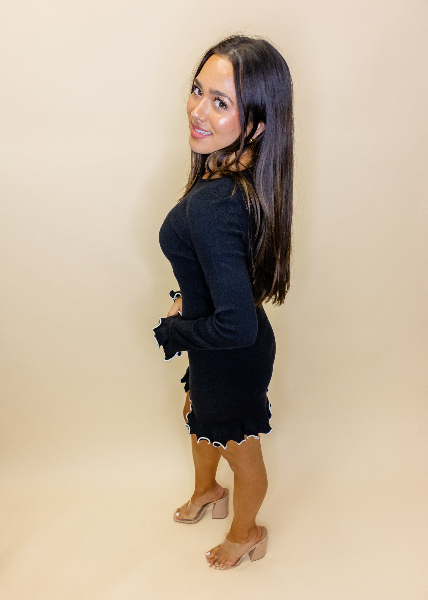 Black Ruffle Detail Sweater Dress