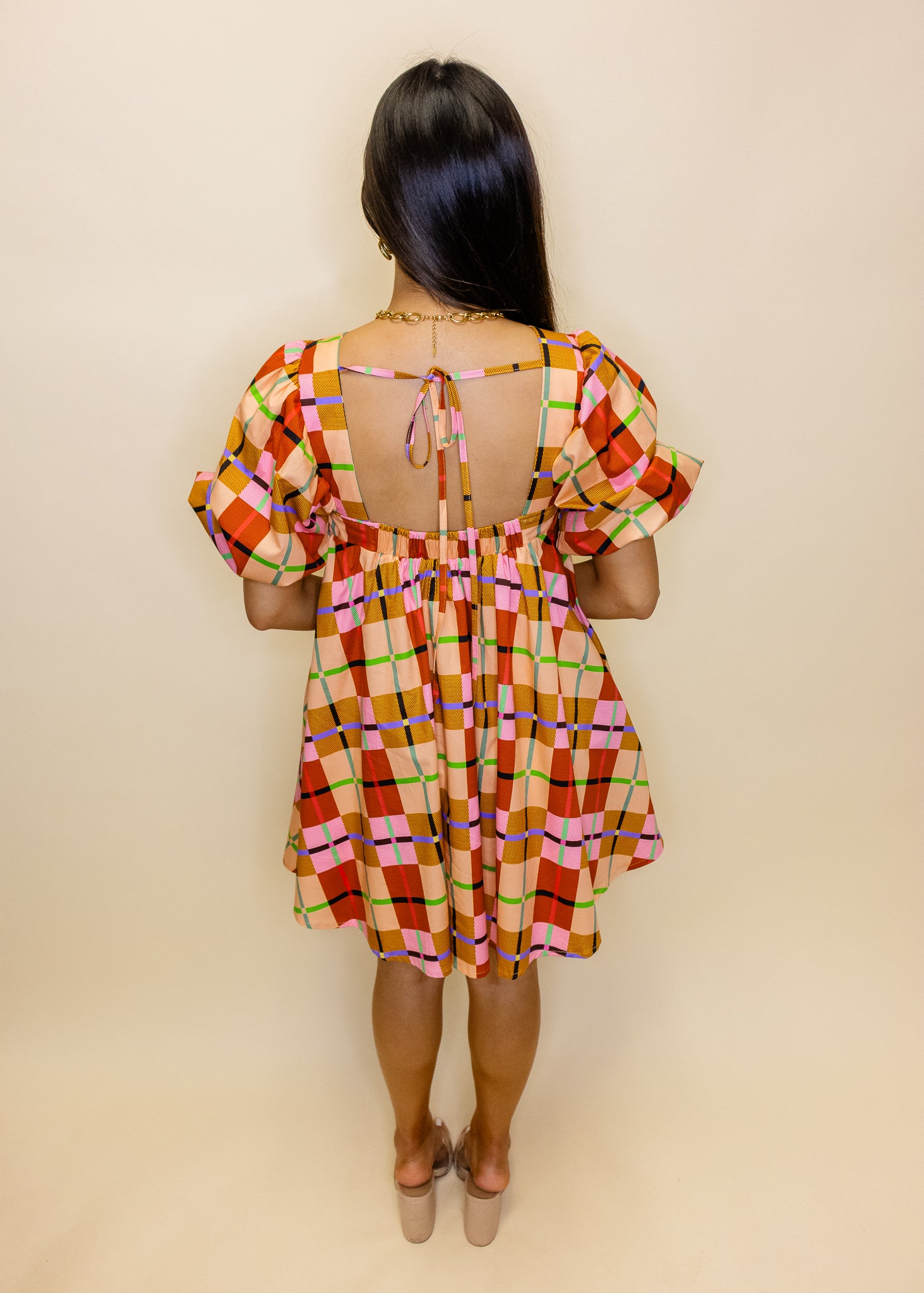 Plaid Puff Short Sleeve Dress