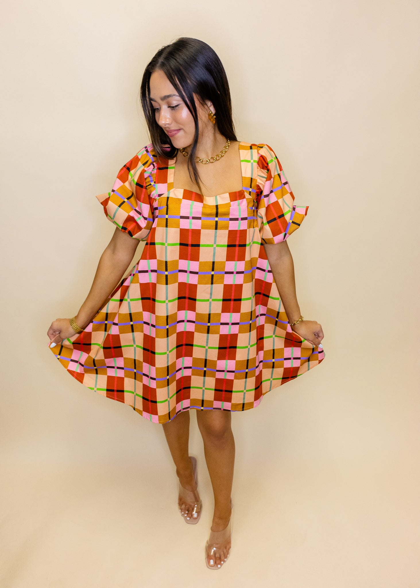 Plaid Puff Short Sleeve Dress