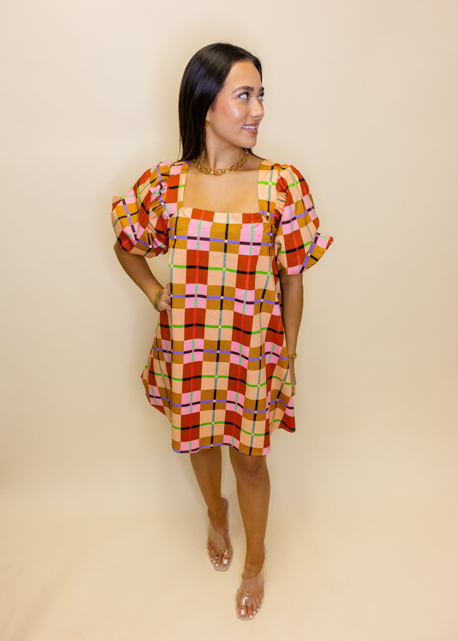 Plaid Puff Short Sleeve Dress