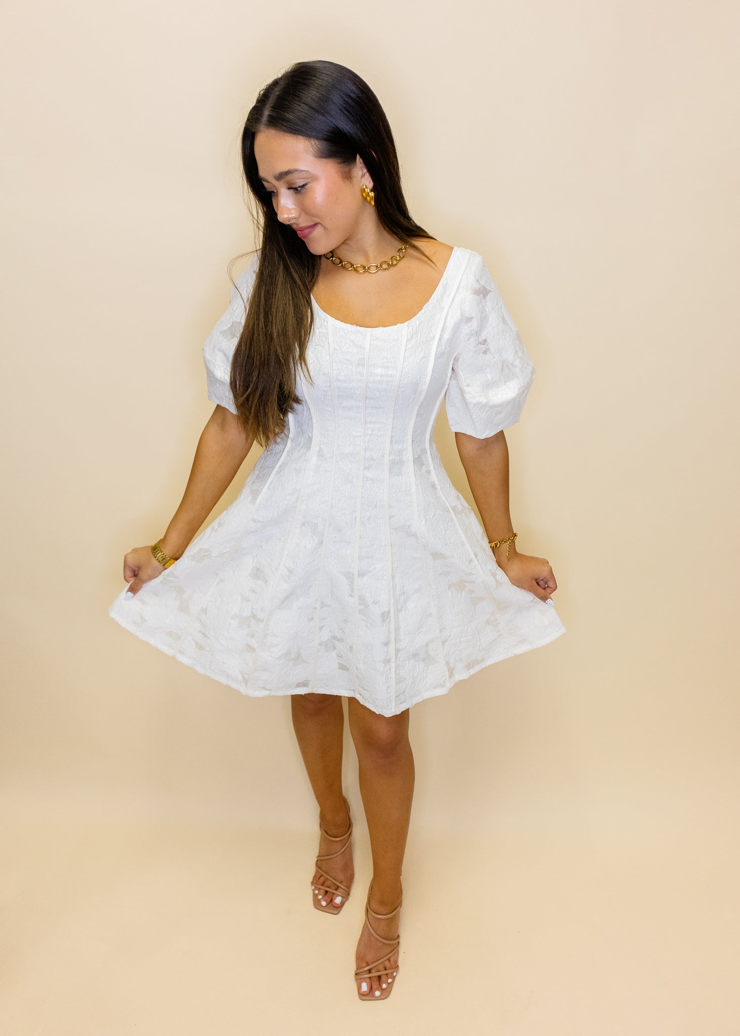 Ivory Jacquard Scoop Neck Dress