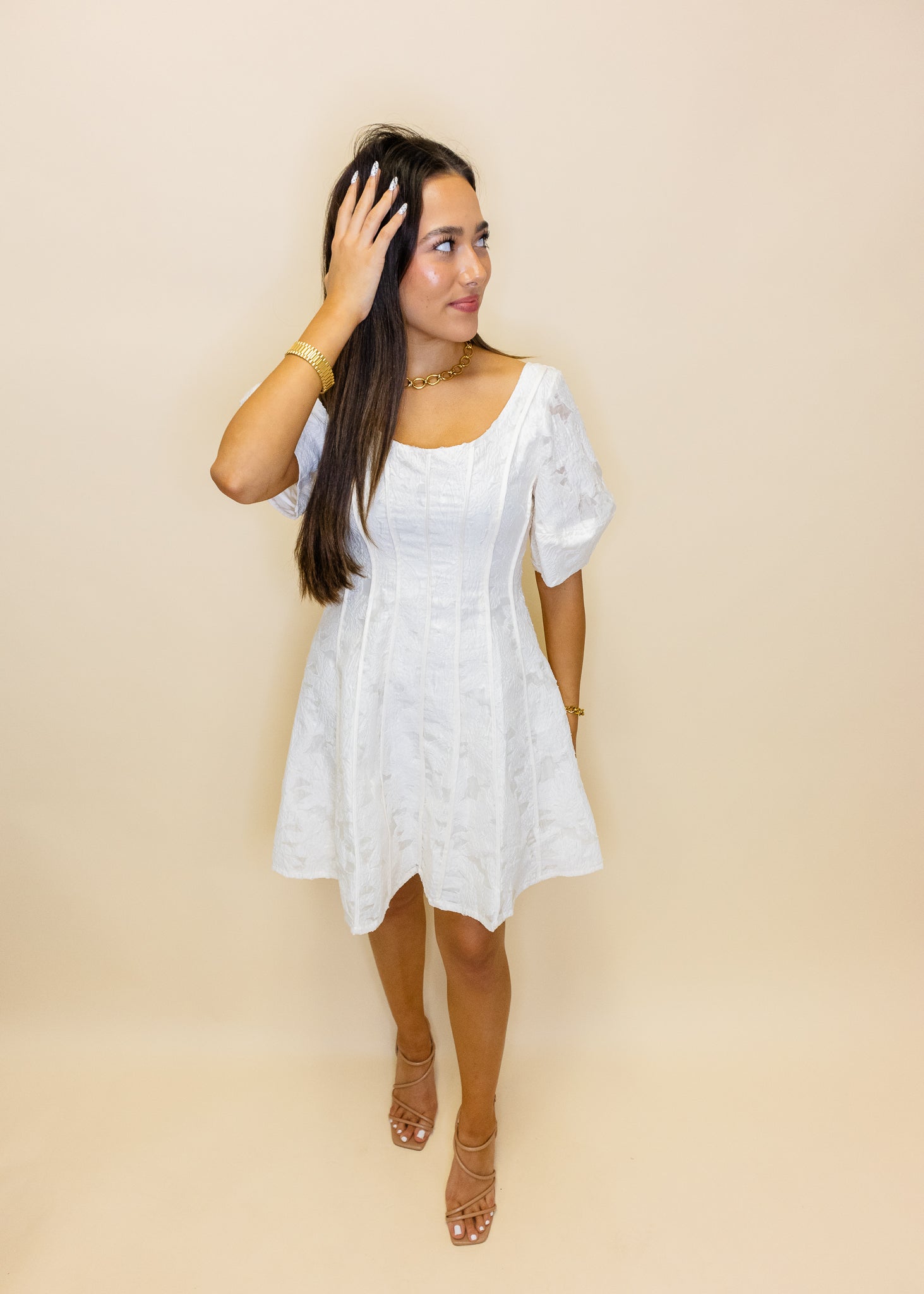 Ivory Jacquard Scoop Neck Dress