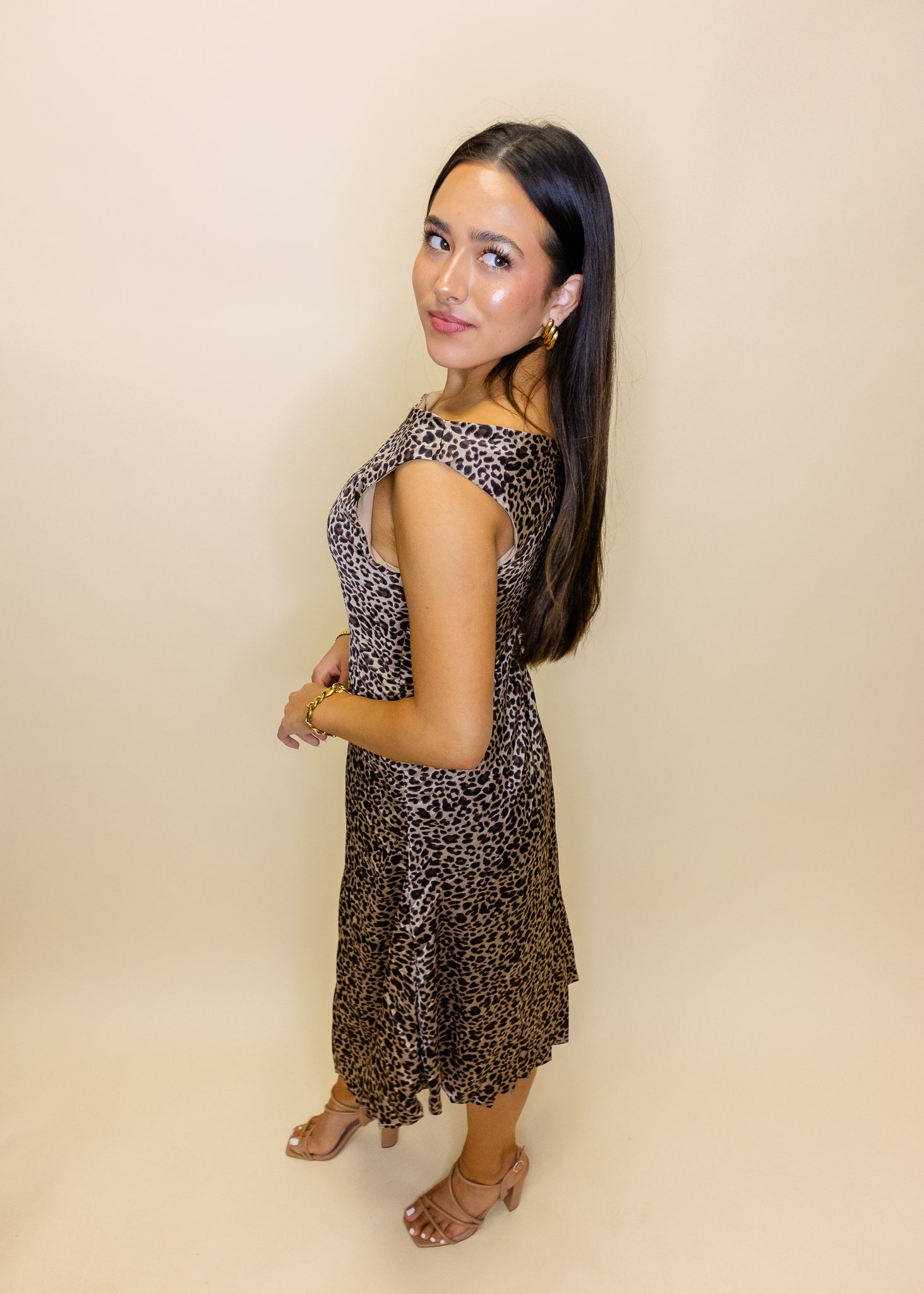Leopard Asymmetrical Pleat Satin Dress