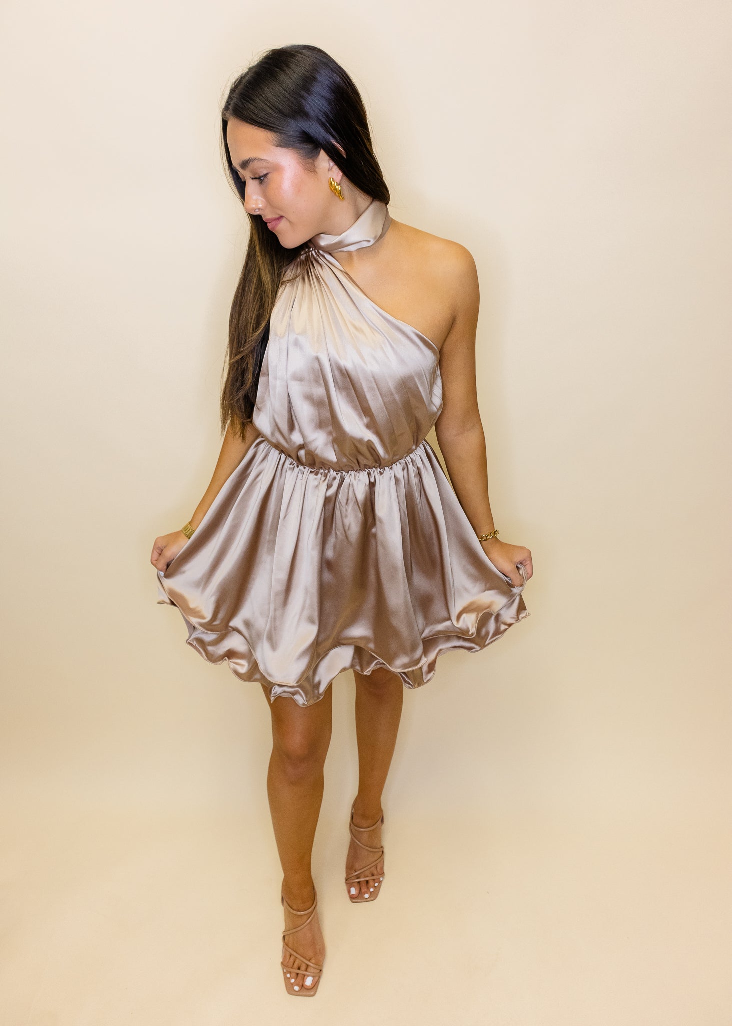 Mocha Satin One Shoulder Dress