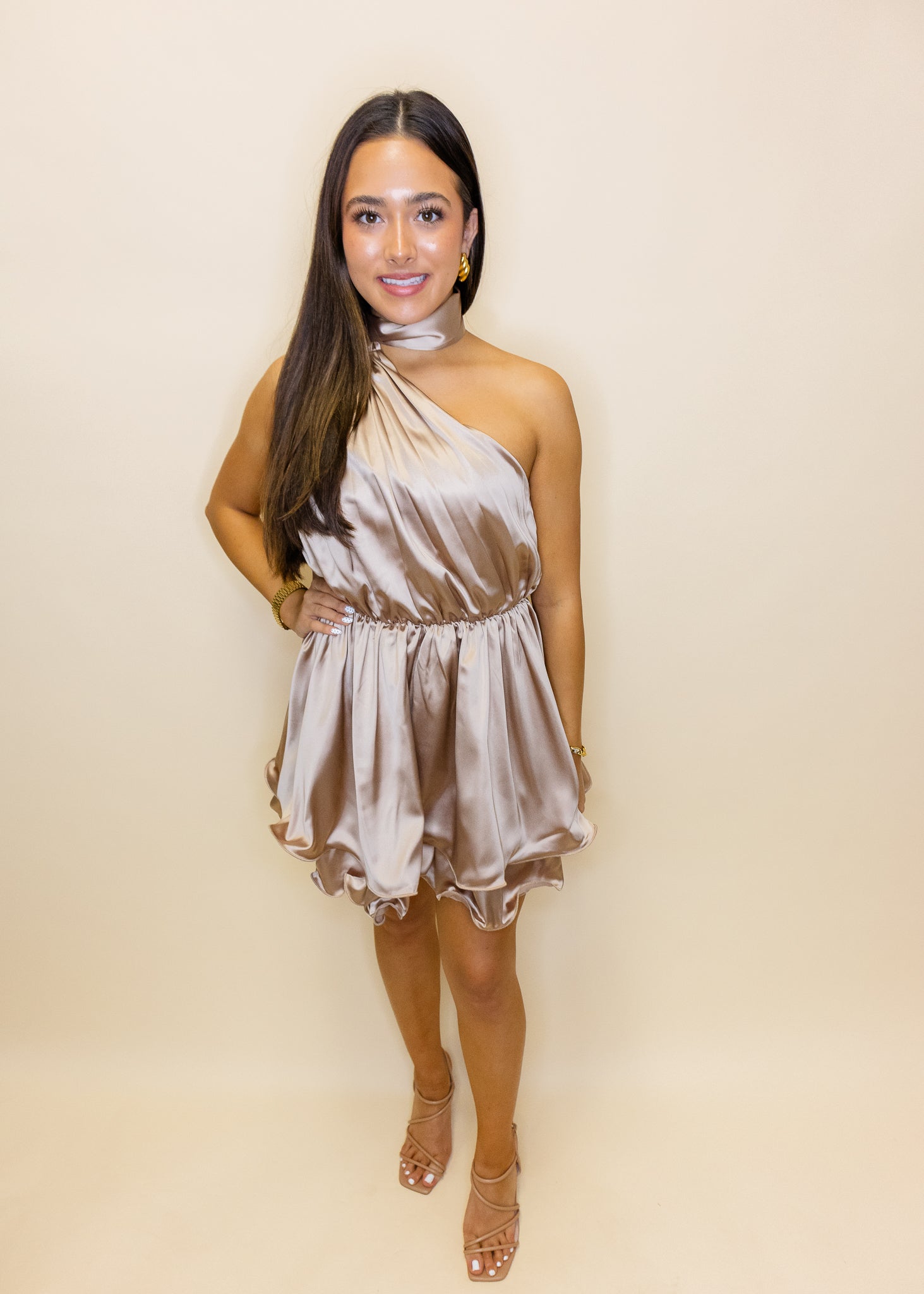Mocha Satin One Shoulder Dress