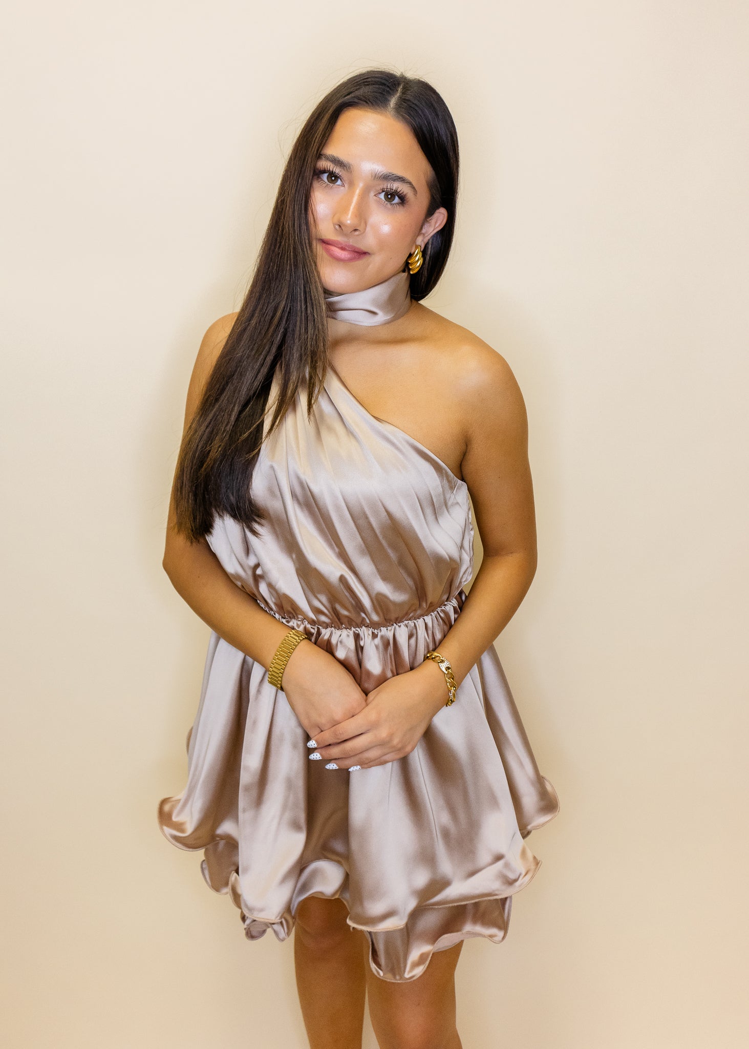 Mocha Satin One Shoulder Dress