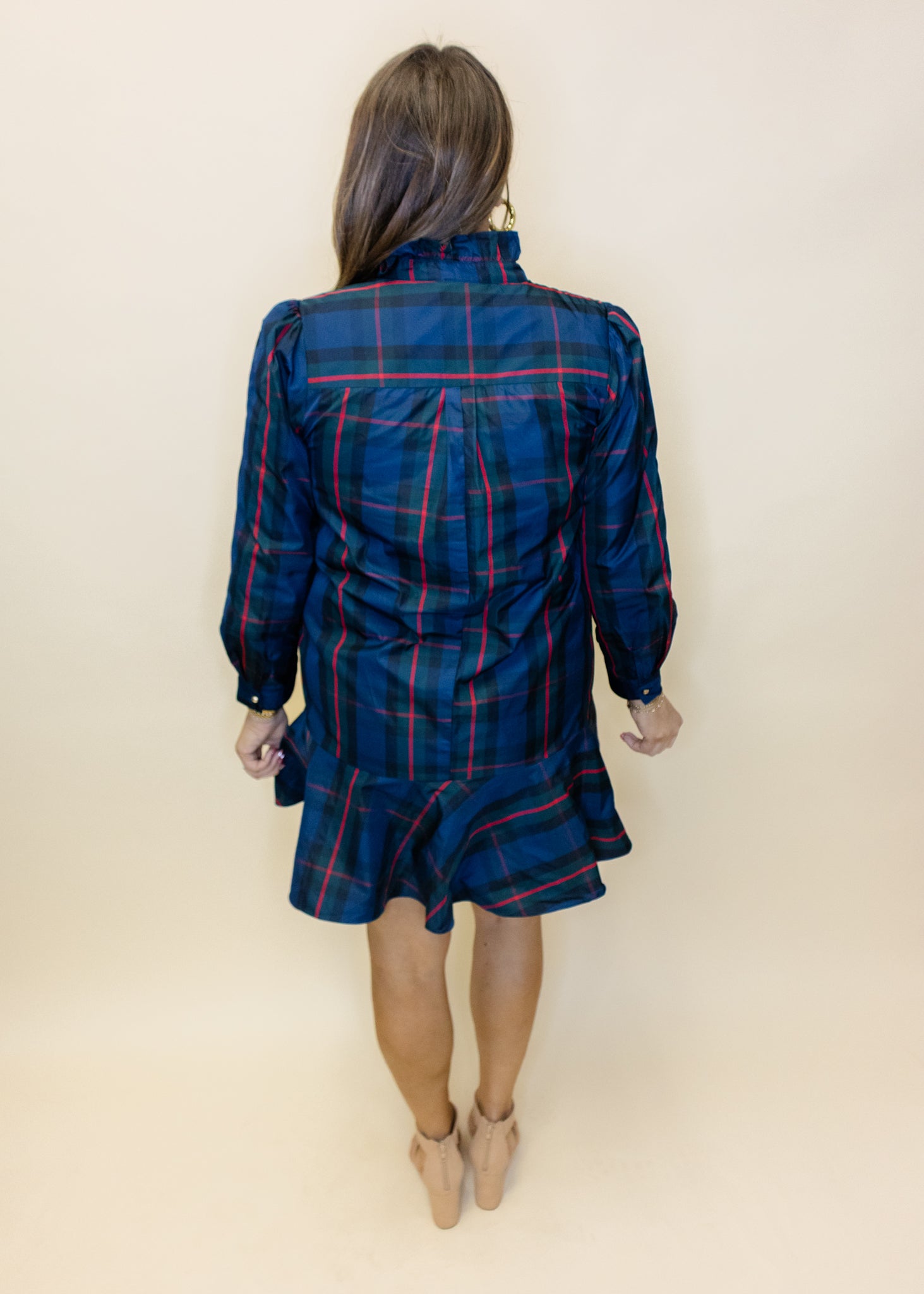 Blue Plaid Taffeta Ruffle Dress