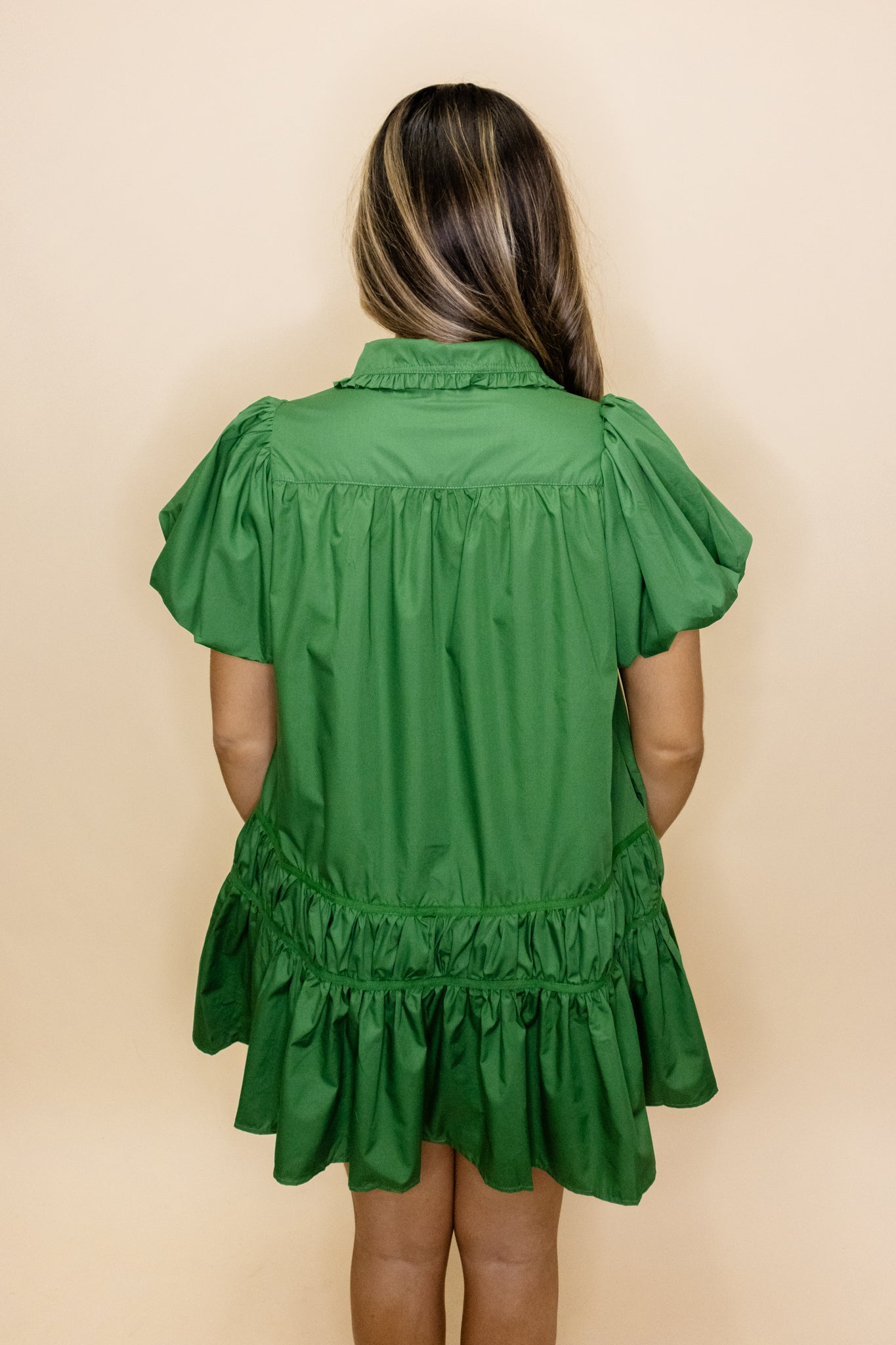 Green Gathered Button Up Dress