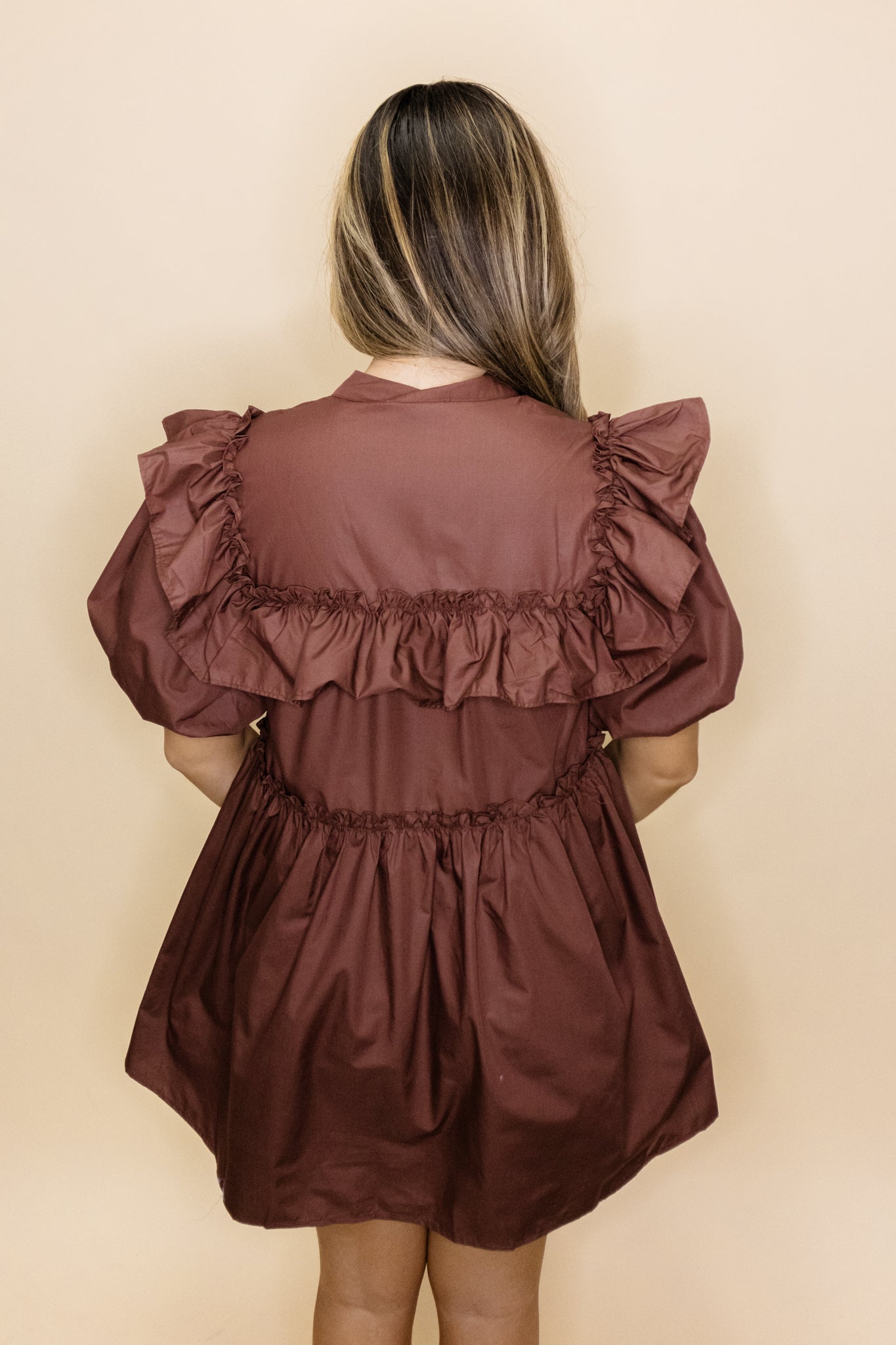 Brown Puff Sleeve Ruffle Dress