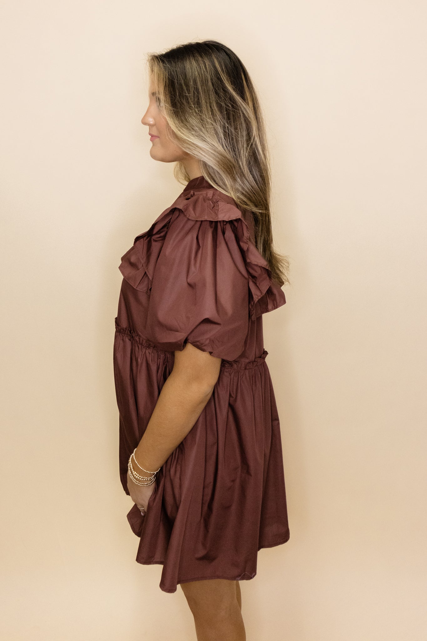 Brown Puff Sleeve Ruffle Dress