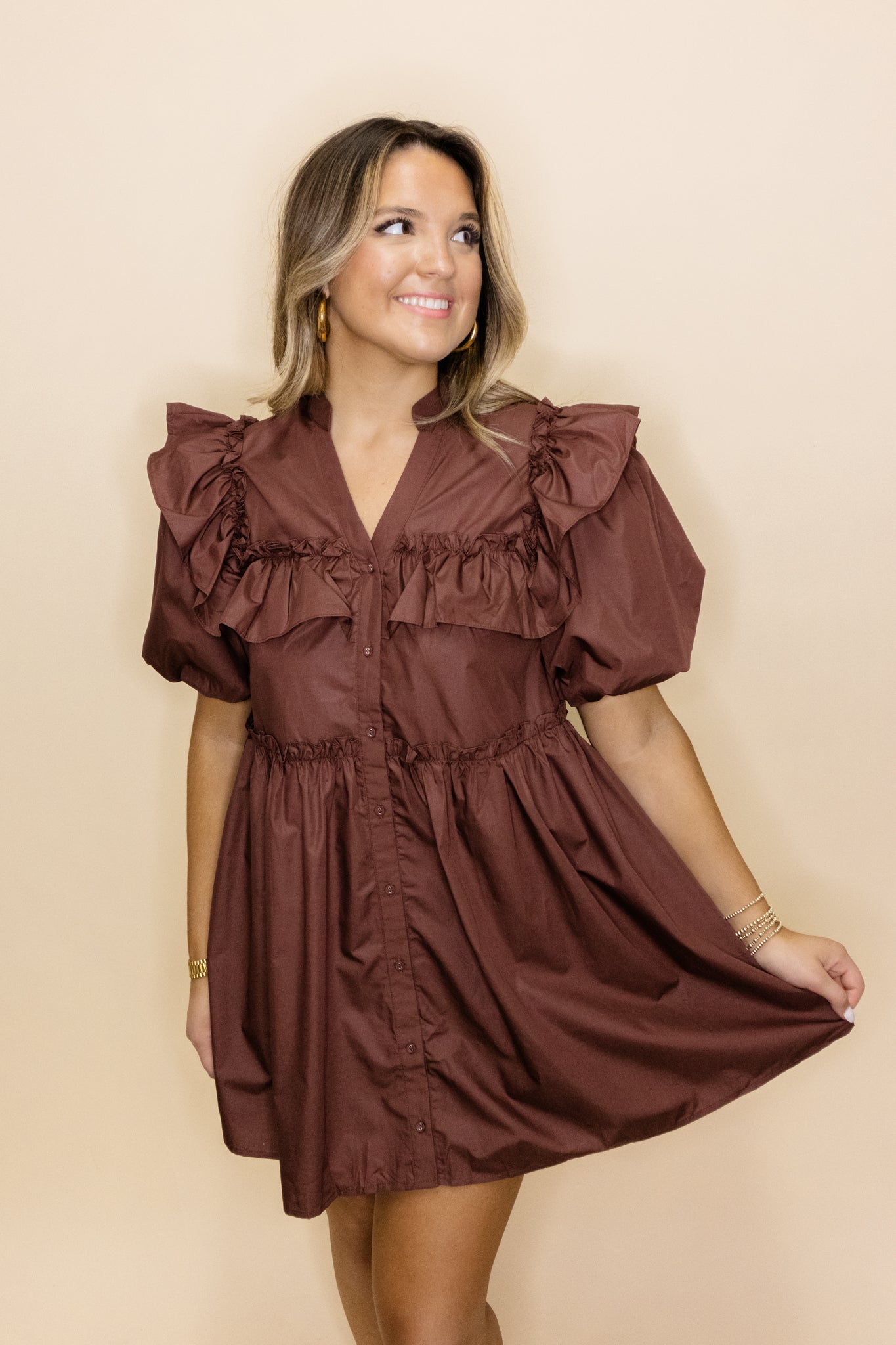 Brown Puff Sleeve Ruffle Dress