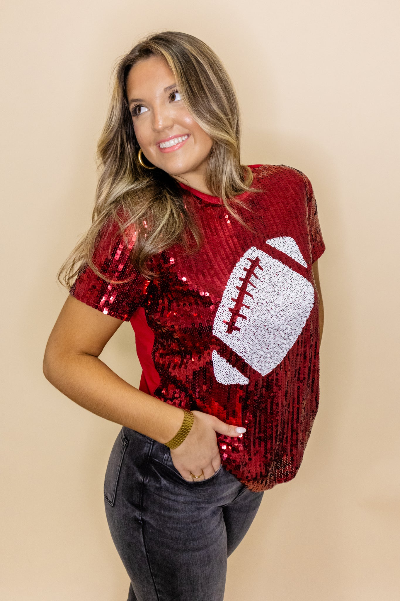 Maroon & White Sequin Football Top