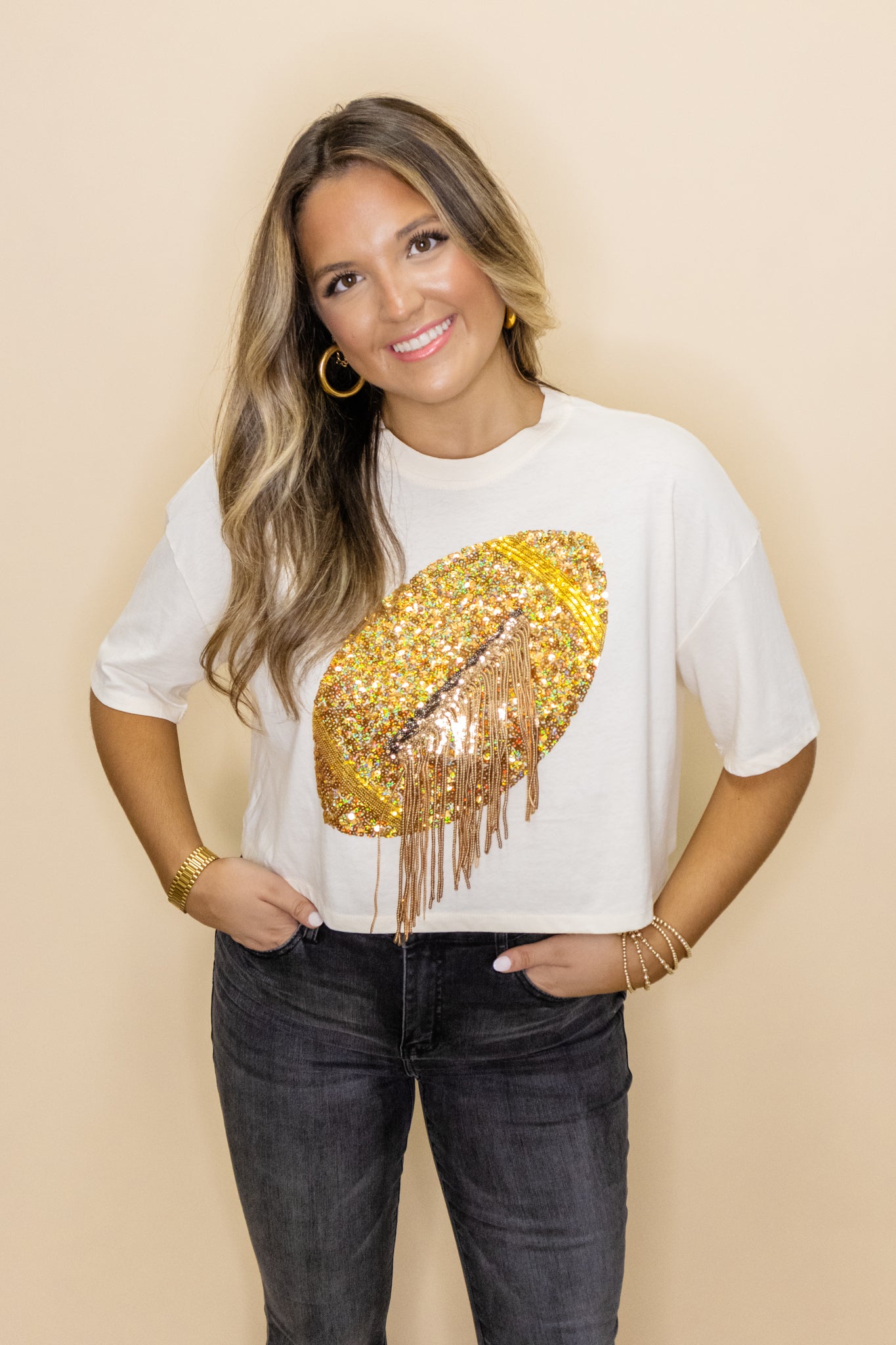 Gold Sequin Fringe Football Top