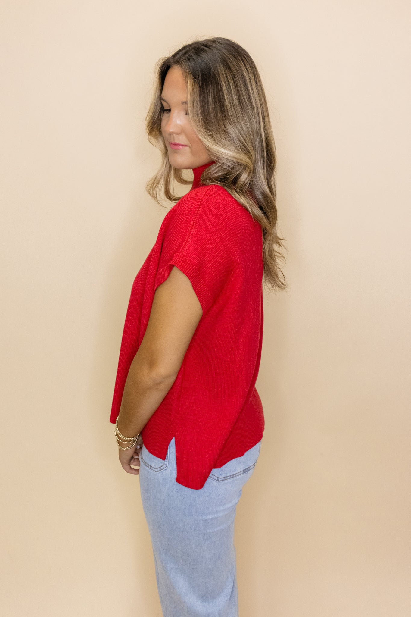 Red Mock Short Sleeve Sweater