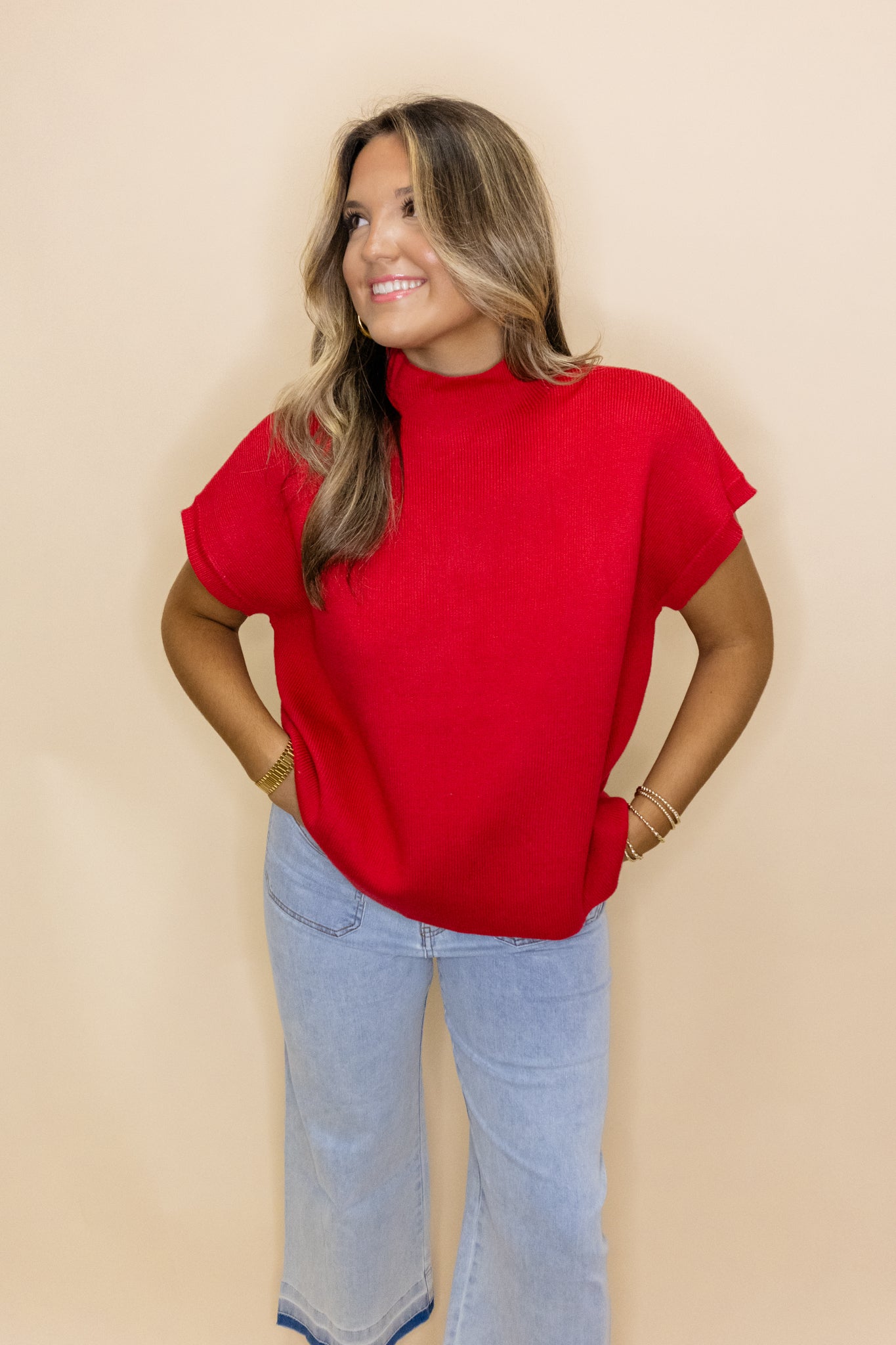 Red Mock Short Sleeve Sweater