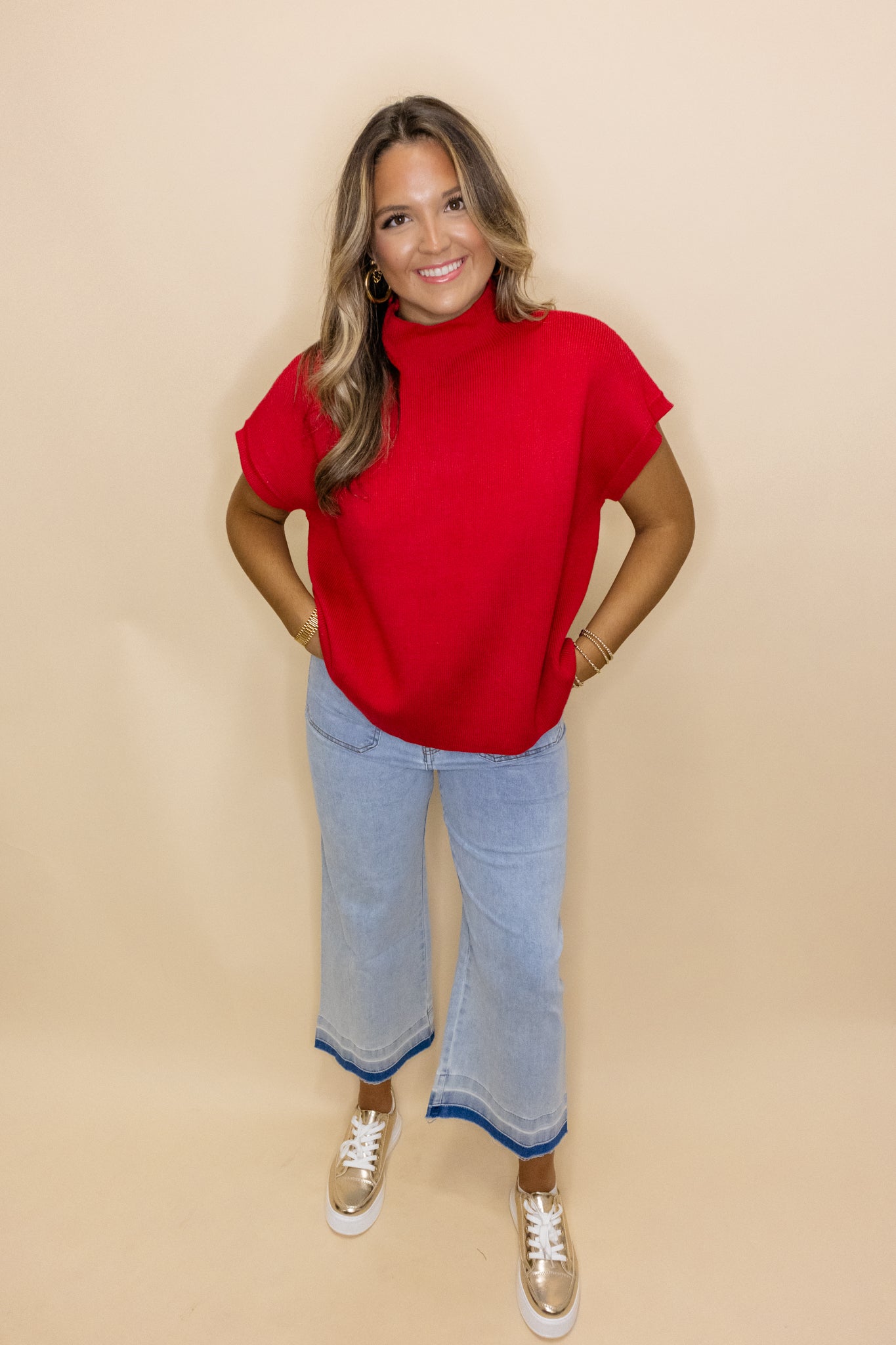 Red Mock Short Sleeve Sweater