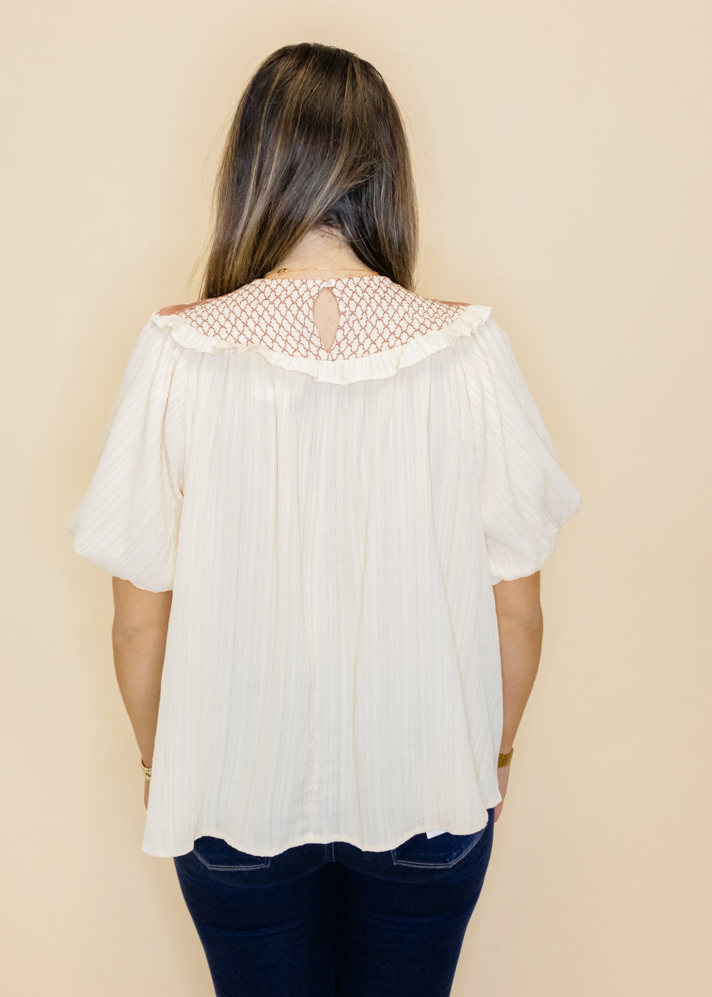 Cream Floral Embroidered Collar Top