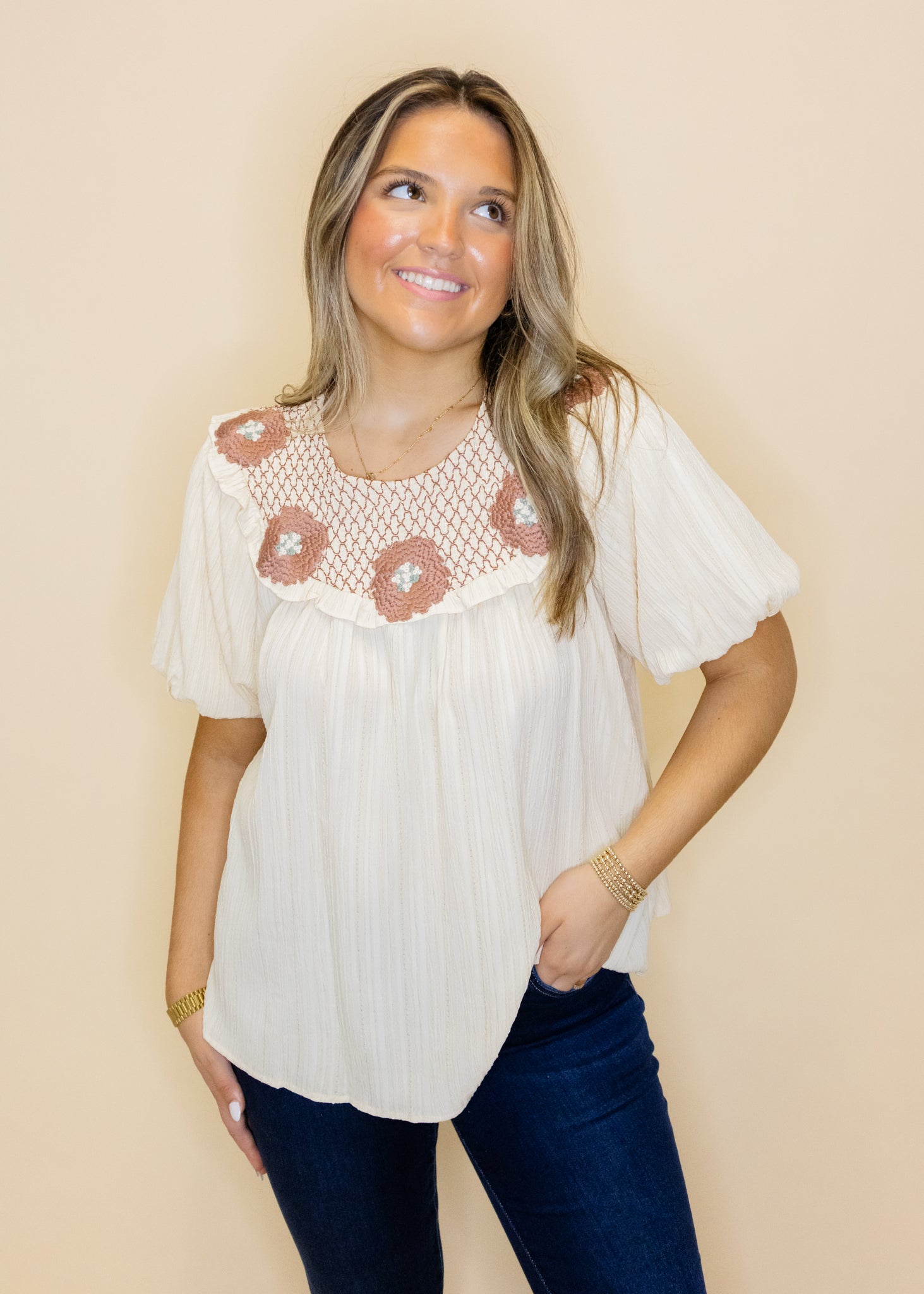 Cream Floral Embroidered Collar Top