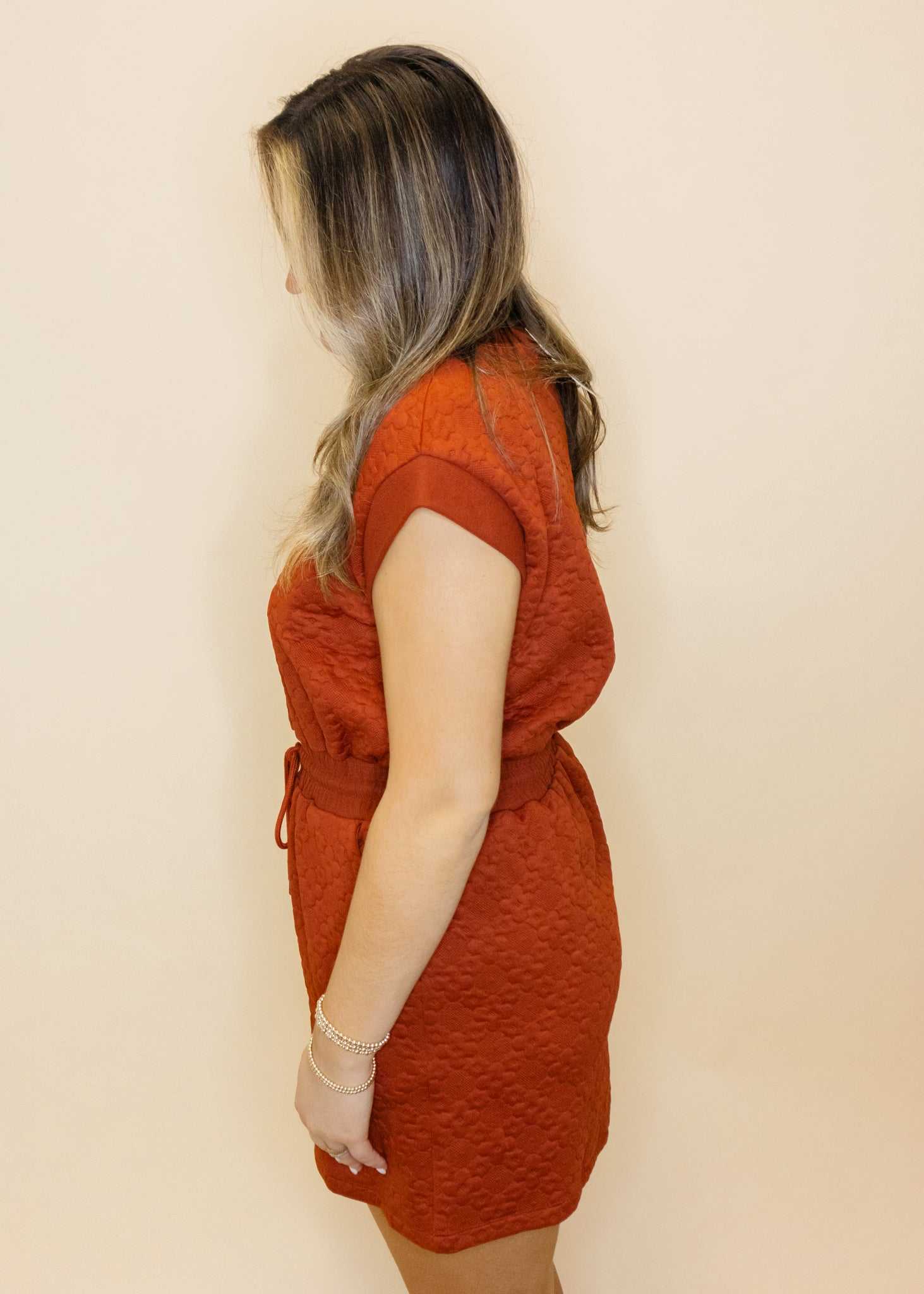 Rust Textured Smock Waist Dress