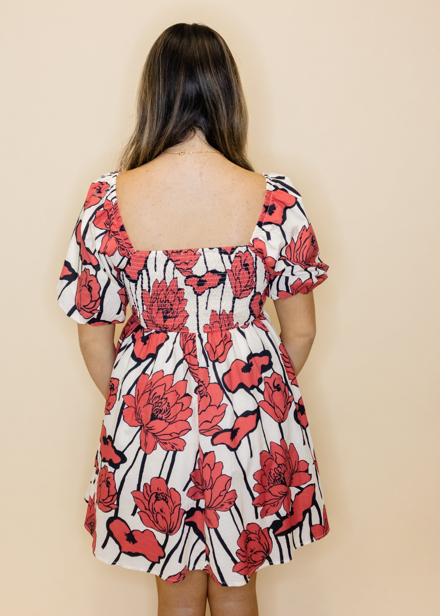 Red Floral Puff Sleeve Dress