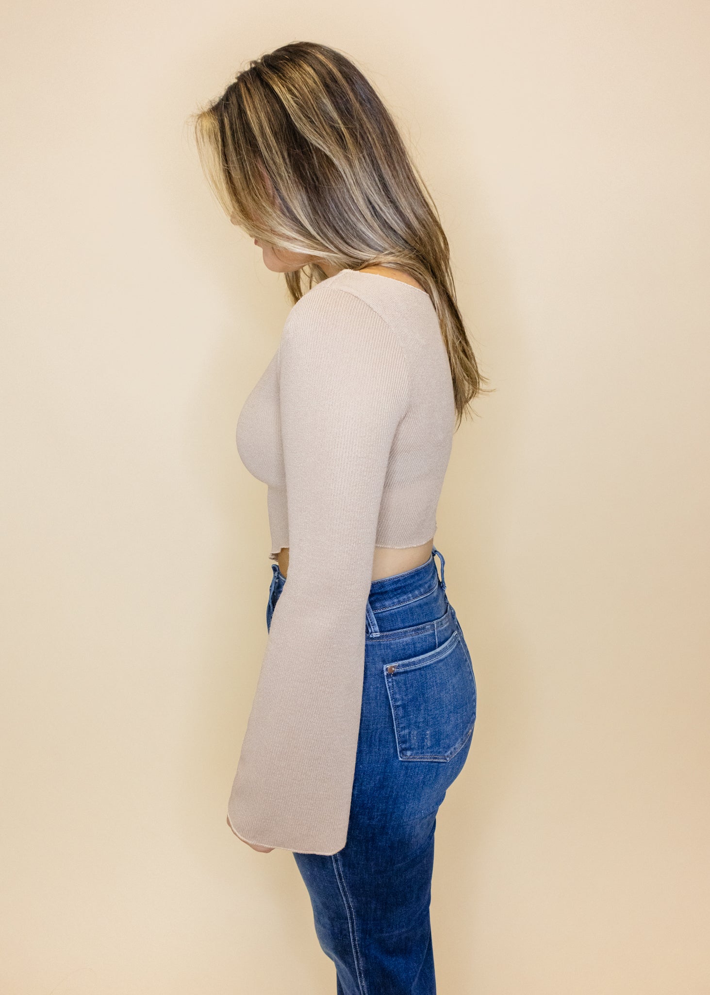 Beige Long Sleeve Crop Top