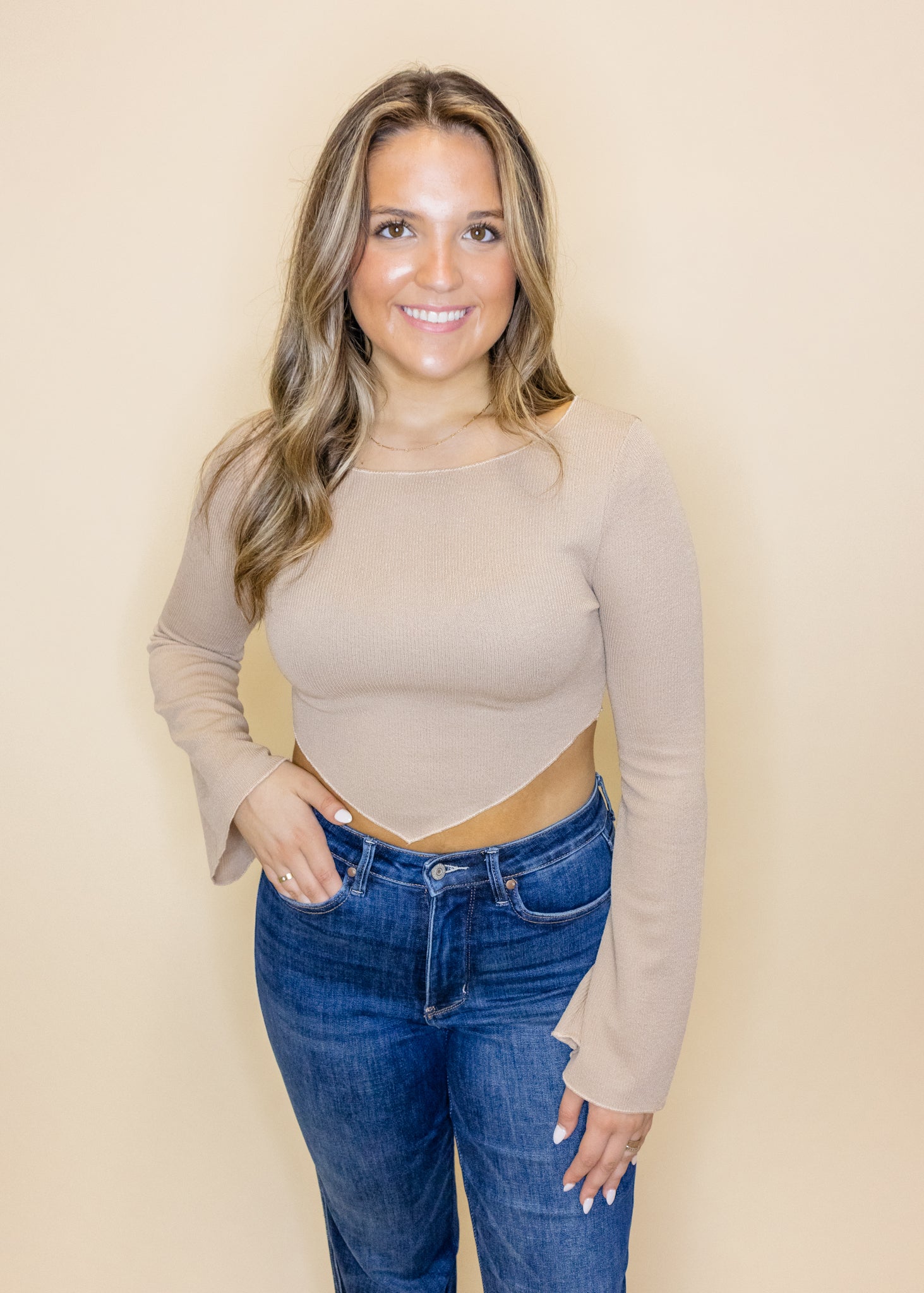 Beige Long Sleeve Crop Top