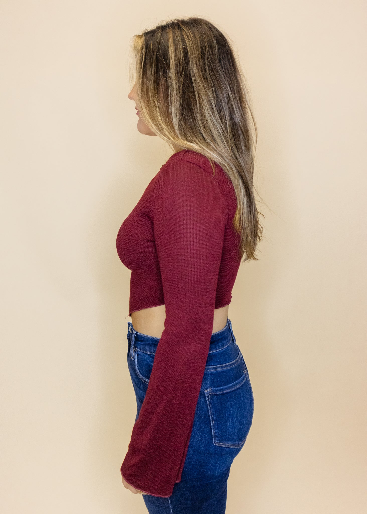 Burgundy Long Sleeve Crop Top