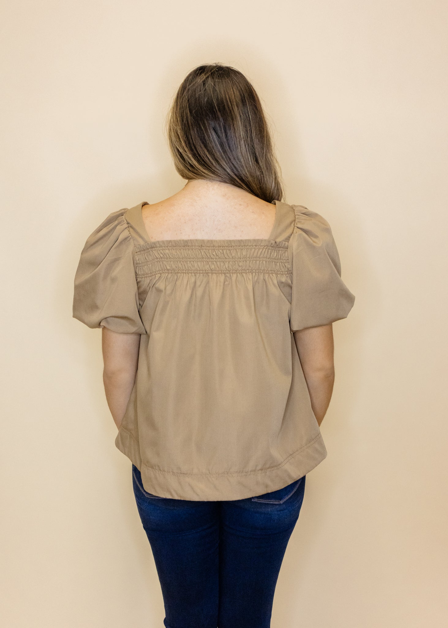 Tan Smocked Puff Sleeve Top