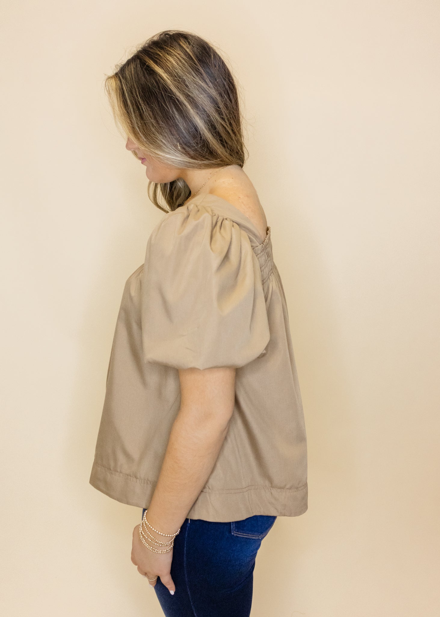 Tan Smocked Puff Sleeve Top