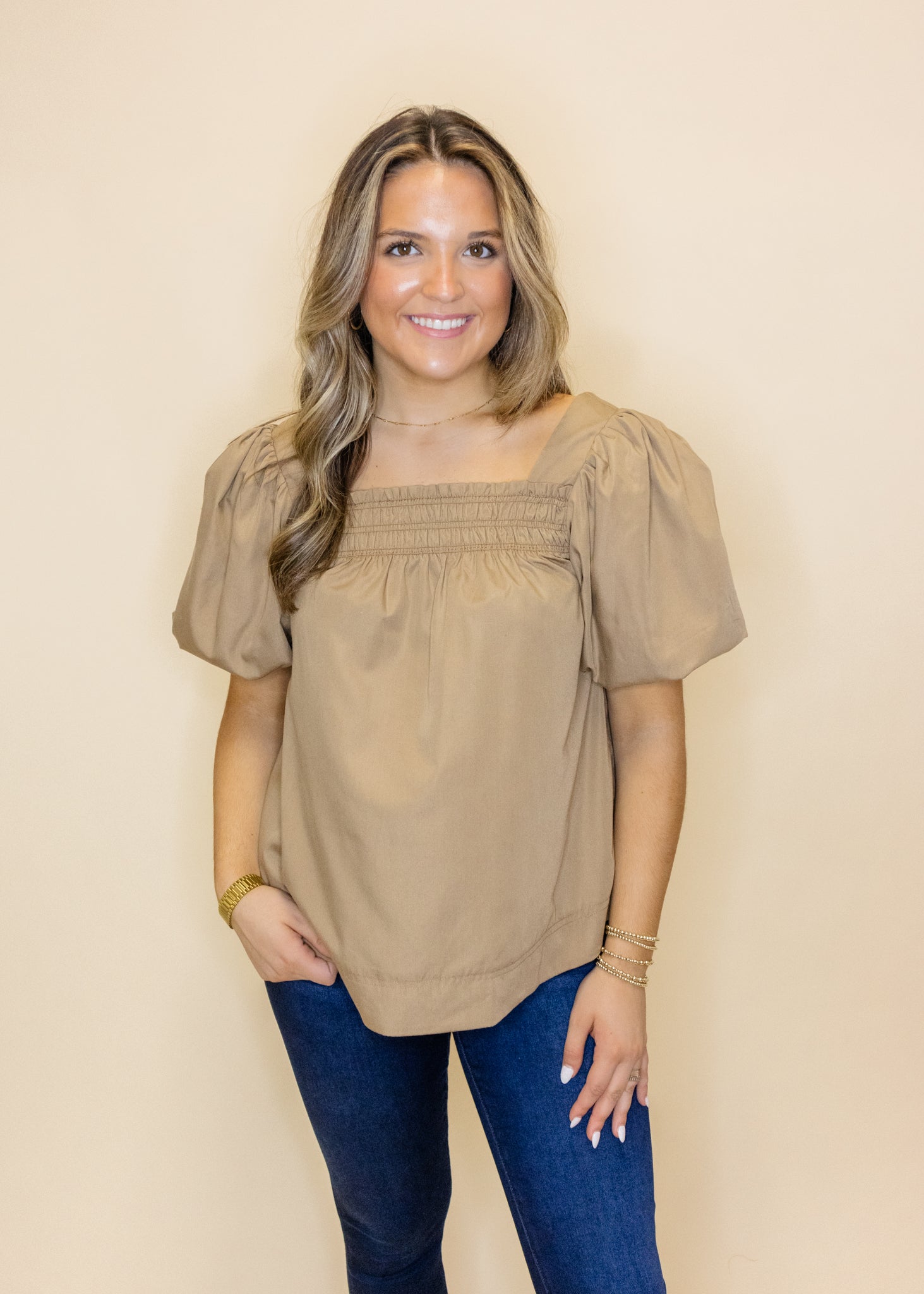 Tan Smocked Puff Sleeve Top