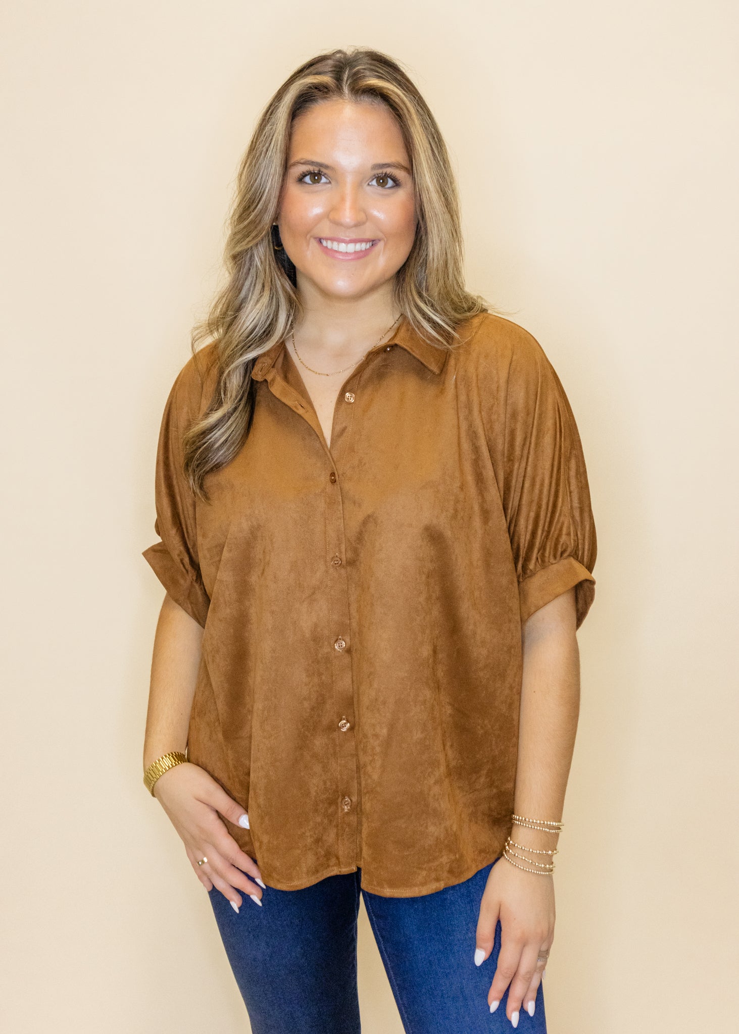 Camel Suede Button Up Top