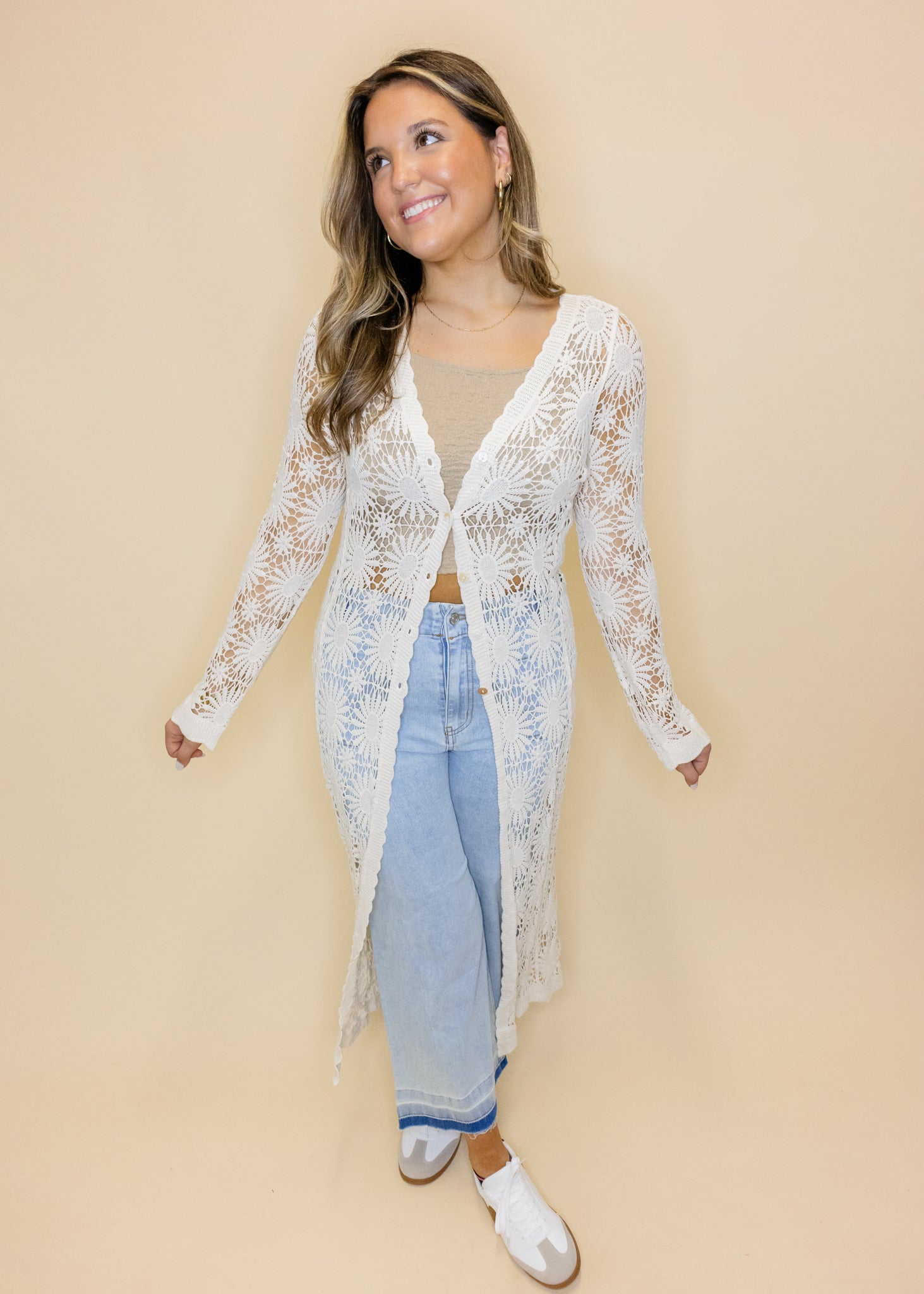 Cream Crochet Maxi Cardigan