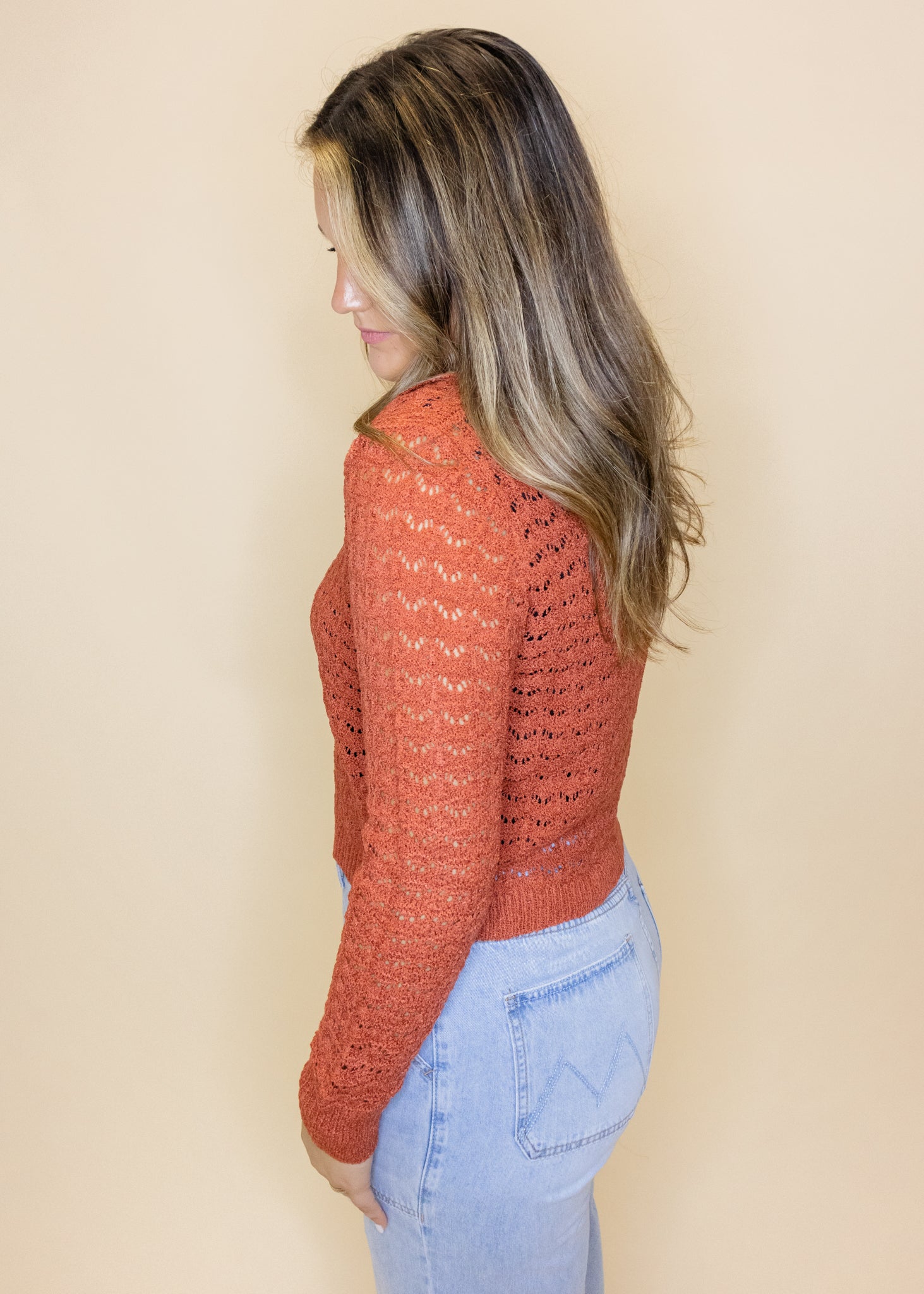 Rust Crochet Button Up Cardigan