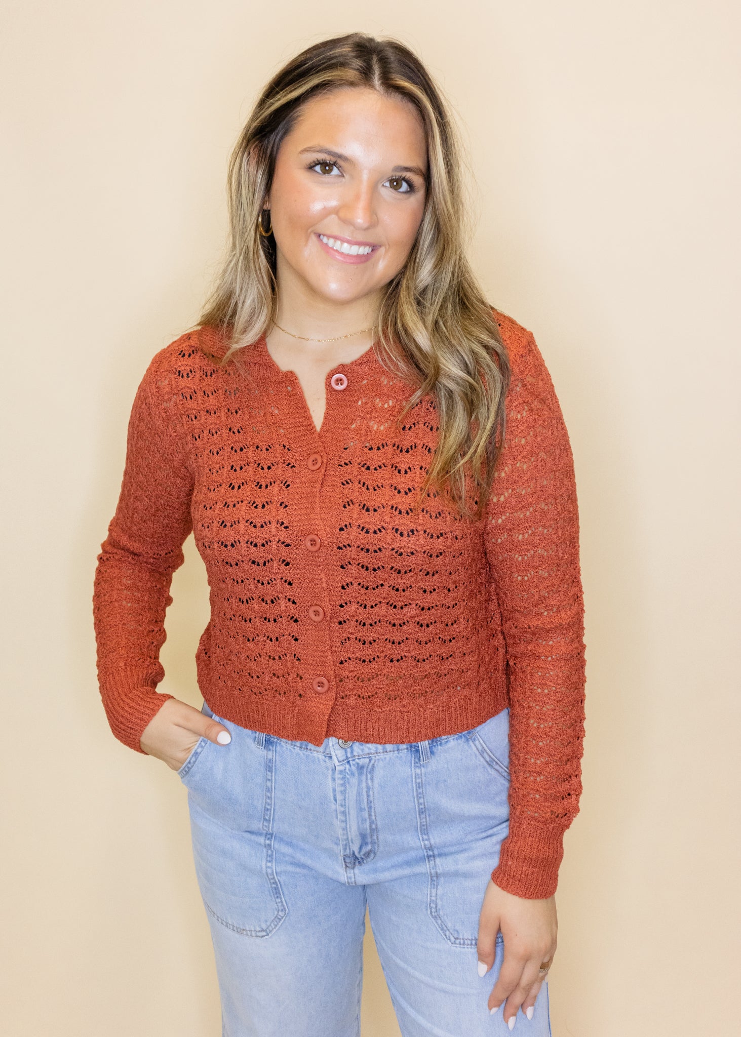 Rust Crochet Button Up Cardigan