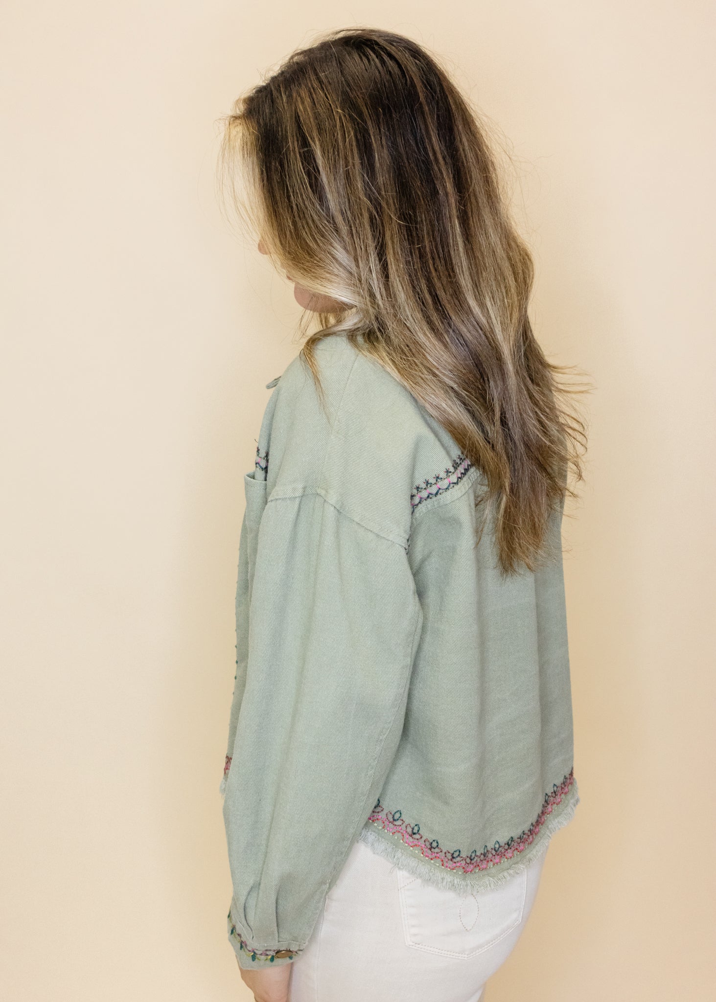 Olive Denim Embroidered Jacket