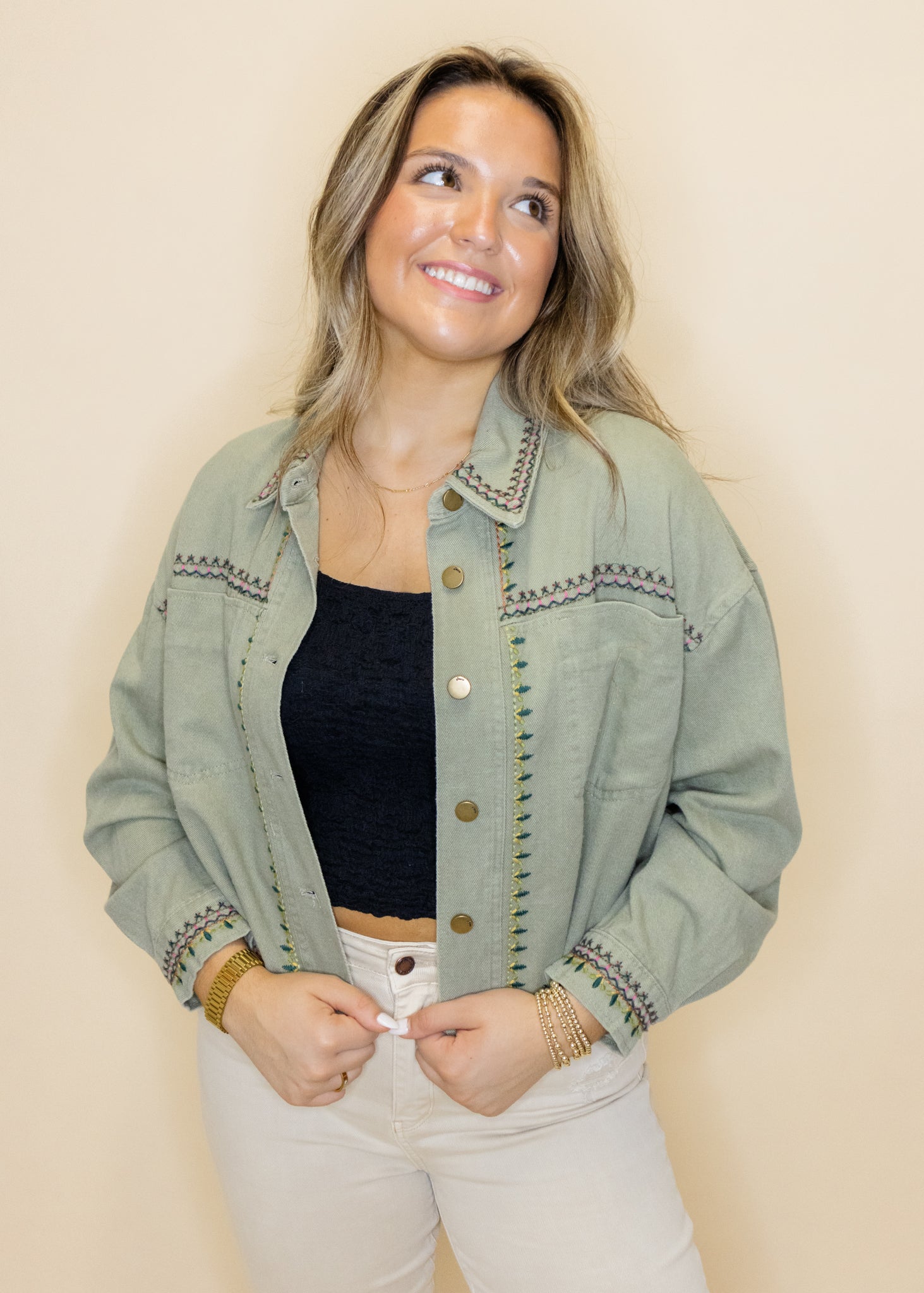 Olive Denim Embroidered Jacket