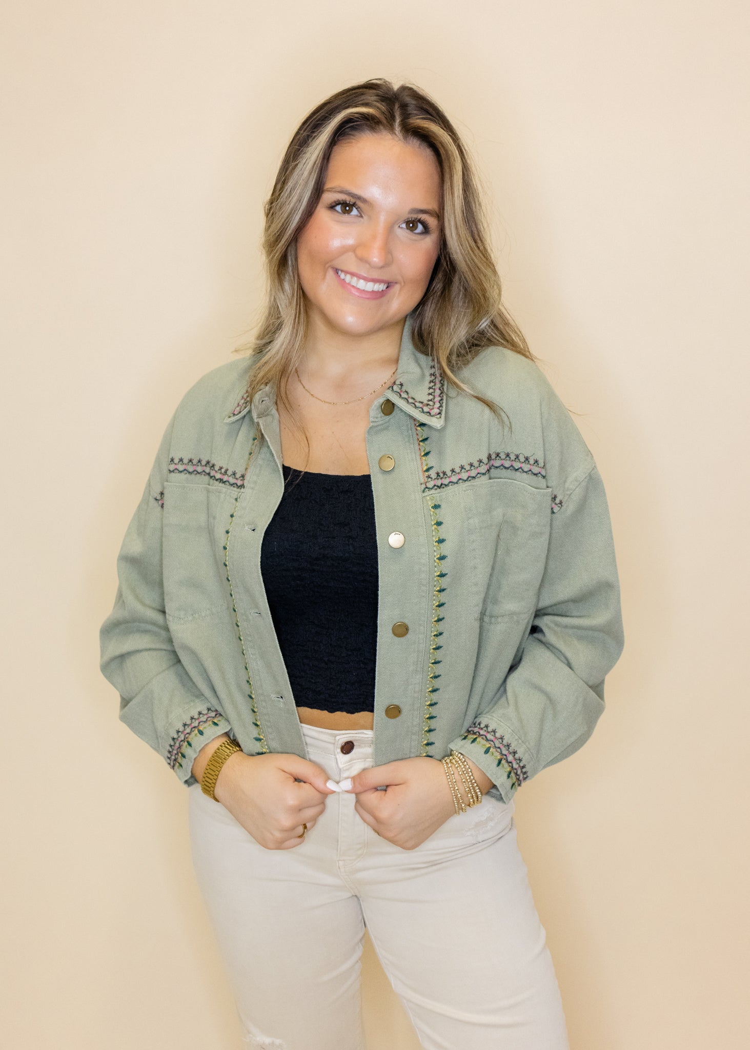 Olive Denim Embroidered Jacket