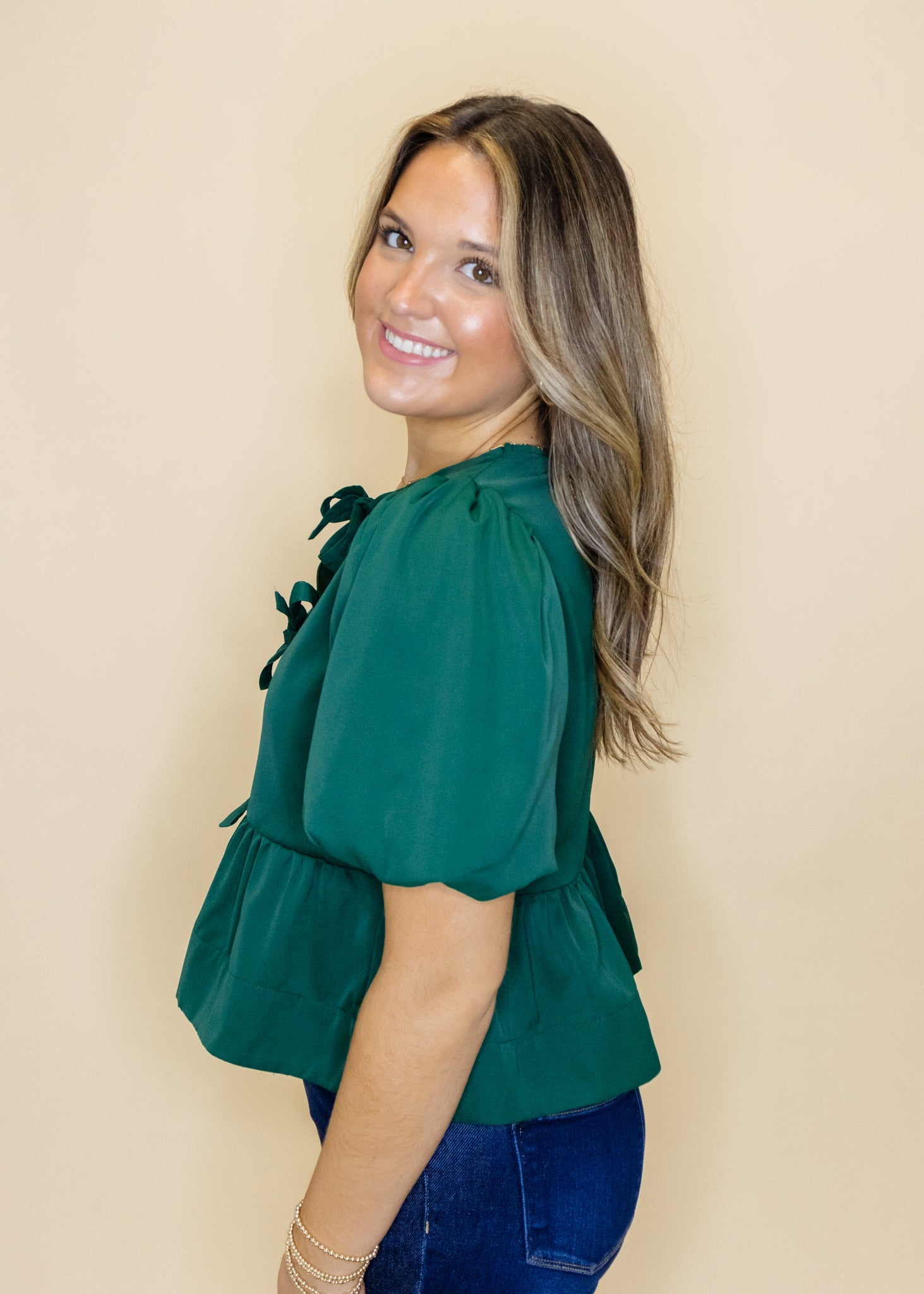 Hunter Green Bow Peplum Top