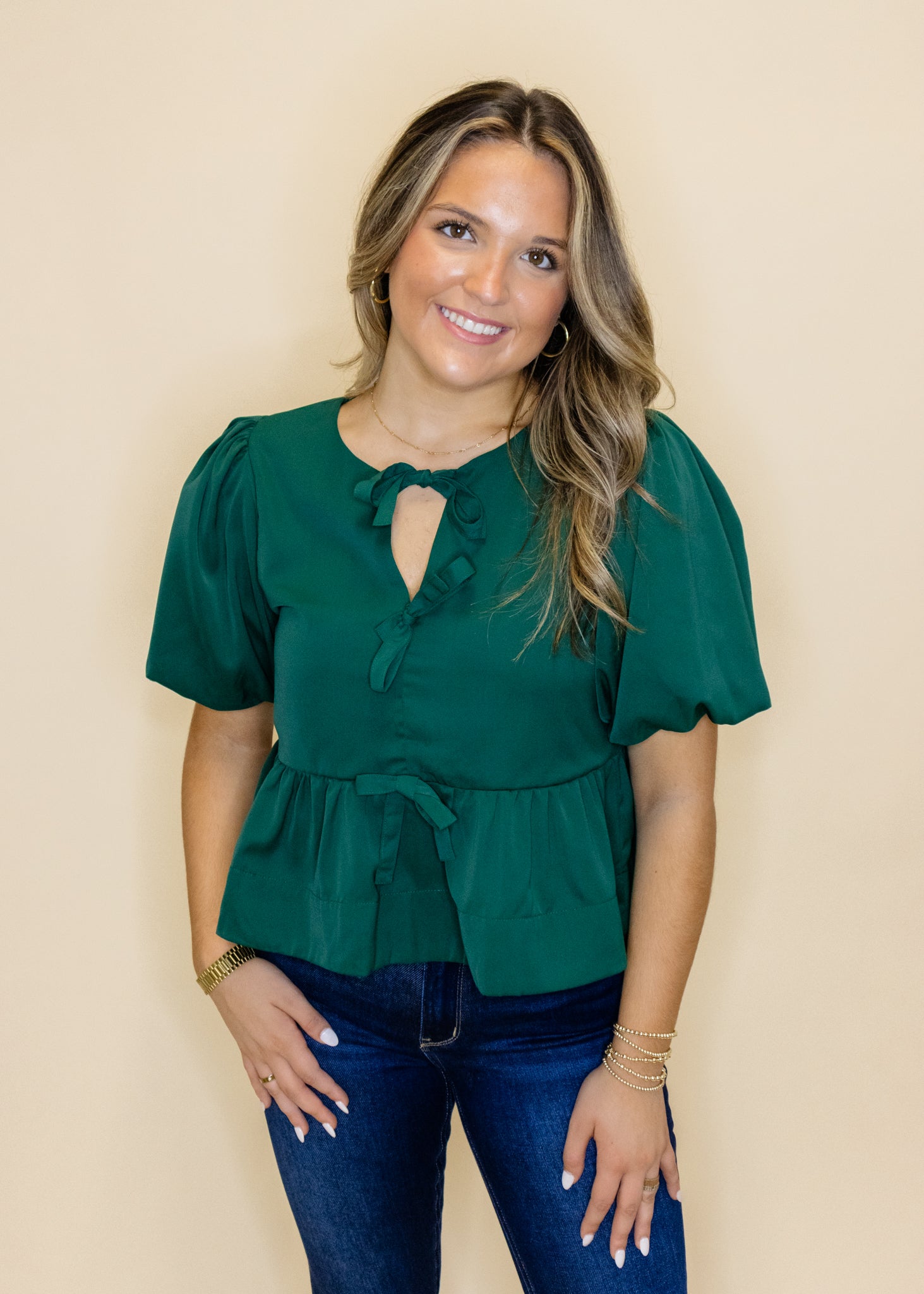 Hunter Green Bow Peplum Top